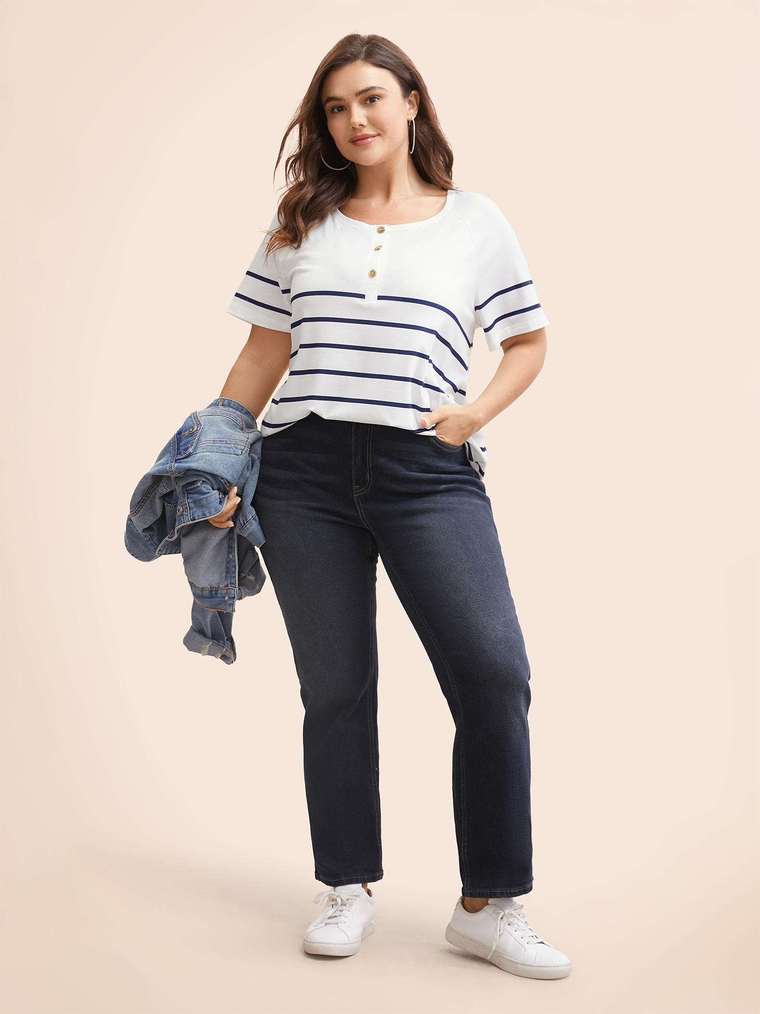 Plus Size Striped Print Raglan Sleeve Button Up T-shirt White Women Casual Contrast Striped Round Neck Everyday T-shirts BloomChic 10/M 