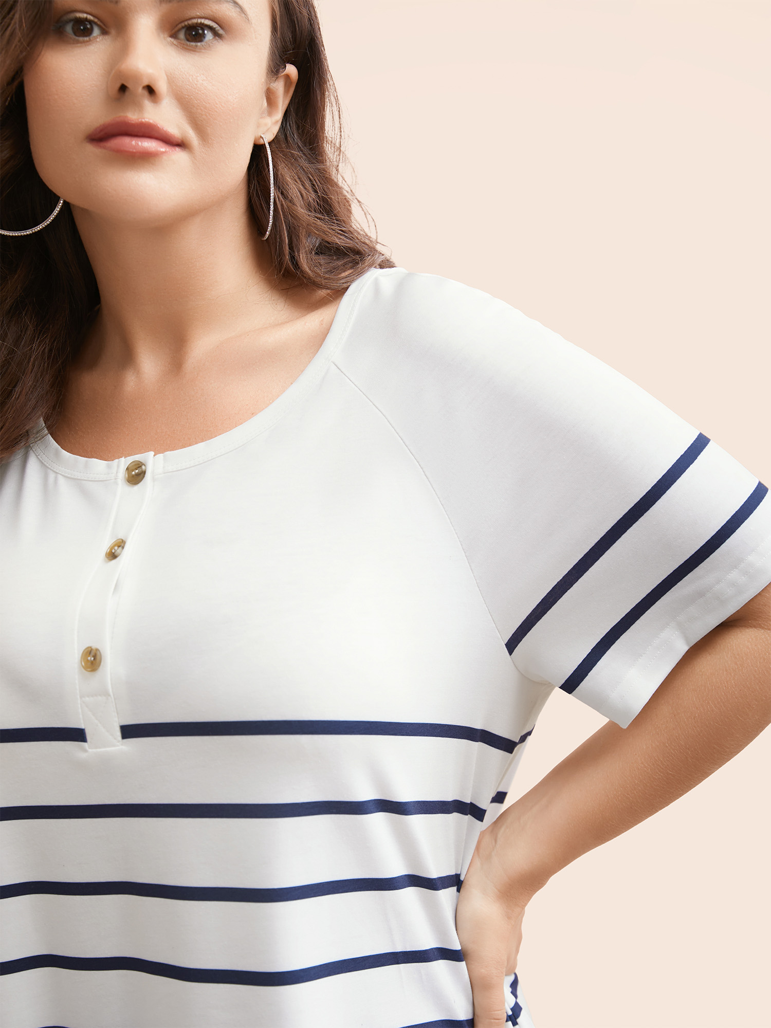 Plus Size Striped Print Raglan Sleeve Button Up T-shirt White Women Casual Contrast Striped Round Neck Everyday T-shirts BloomChic 10/M 