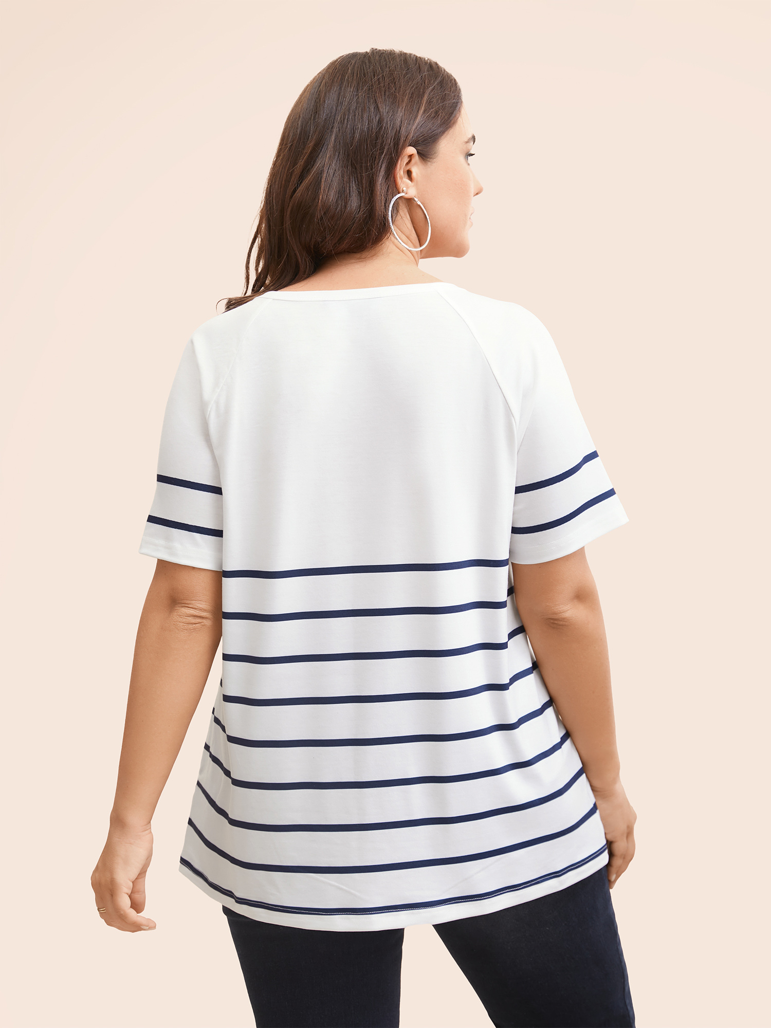 Plus Size Striped Print Raglan Sleeve Button Up T-shirt White Women Casual Contrast Striped Round Neck Everyday T-shirts BloomChic 10/M 