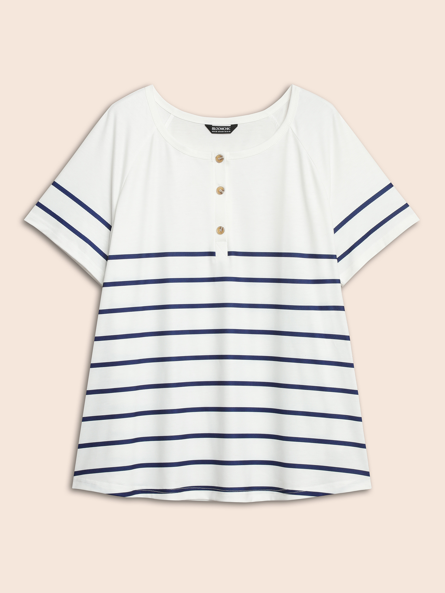 Plus Size Striped Print Raglan Sleeve Button Up T-shirt White Women Casual Contrast Striped Round Neck Everyday T-shirts BloomChic 10/M 