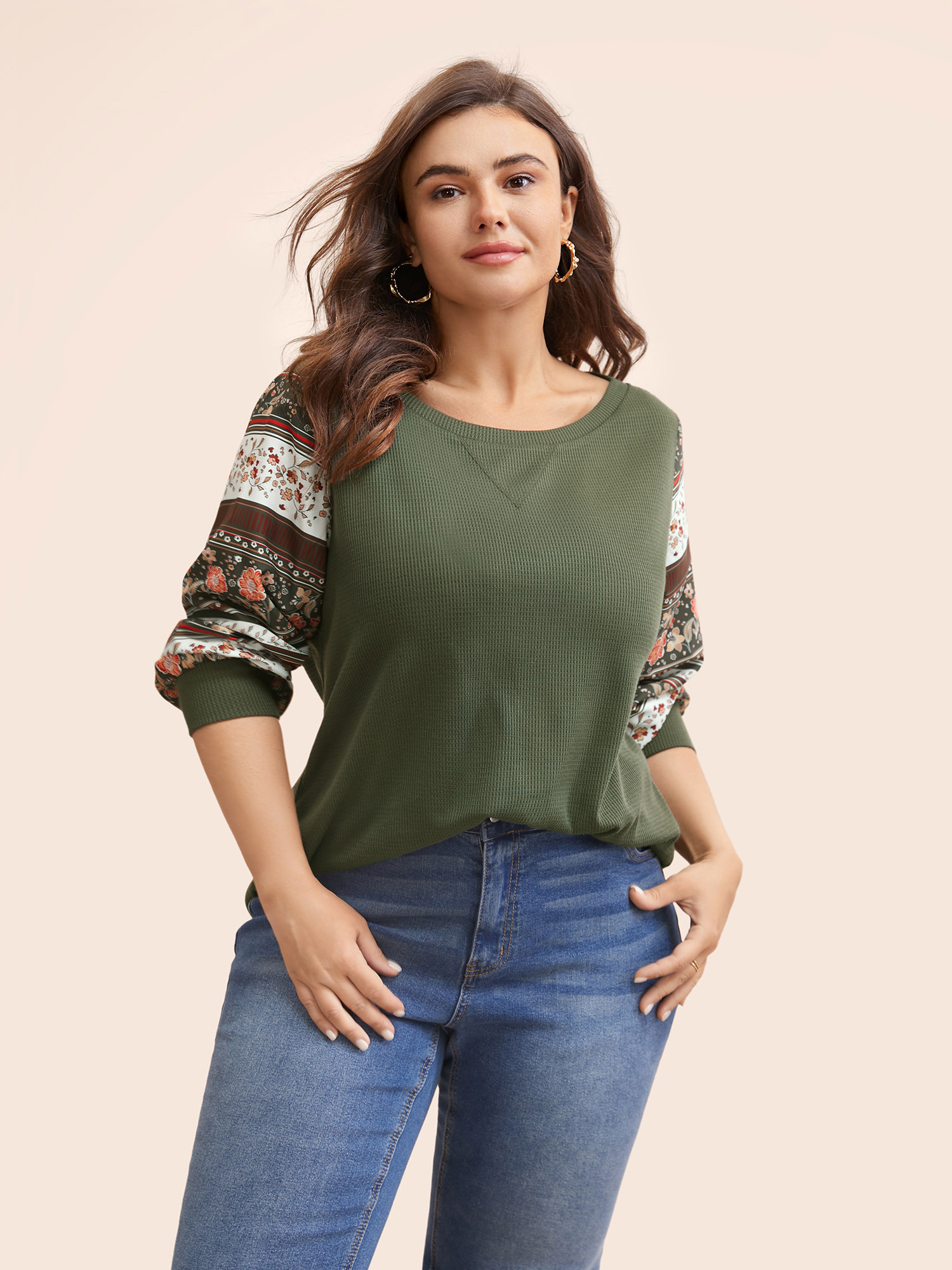 

Plus Size Boho Print Patchwork Crew Neck Sweatshirt Women ArmyGreen Casual Elastic cuffs Round Neck Everyday Sweatshirts BloomChic