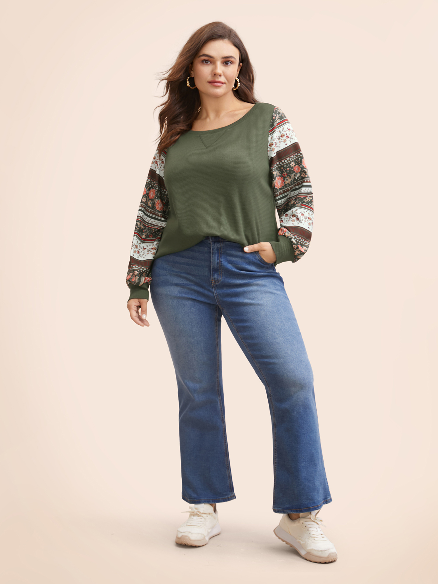 Plus Size Boho Print Patchwork Crew Neck Sweatshirt Women ArmyGreen Casual Elastic cuffs Round Neck Everyday Sweatshirts BloomChic 12/L 