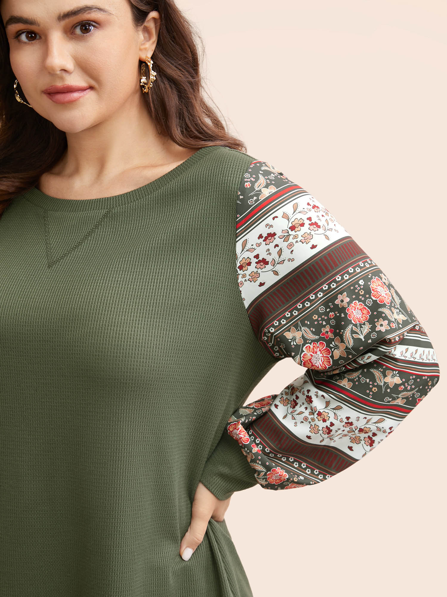 Plus Size Boho Print Patchwork Crew Neck Sweatshirt Women ArmyGreen Casual Elastic cuffs Round Neck Everyday Sweatshirts BloomChic 12/L 