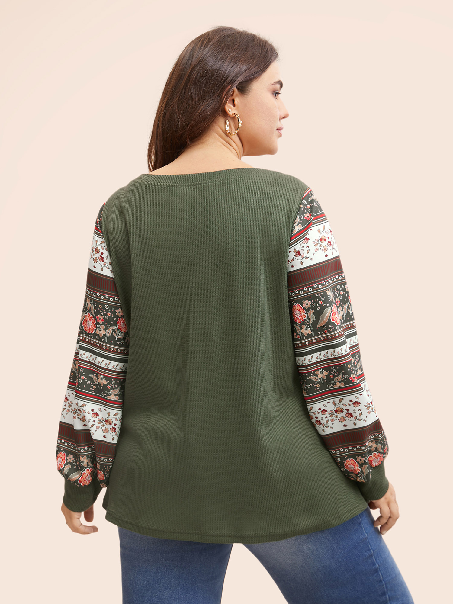 Plus Size Boho Print Patchwork Crew Neck Sweatshirt Women ArmyGreen Casual Elastic cuffs Round Neck Everyday Sweatshirts BloomChic 12/L 