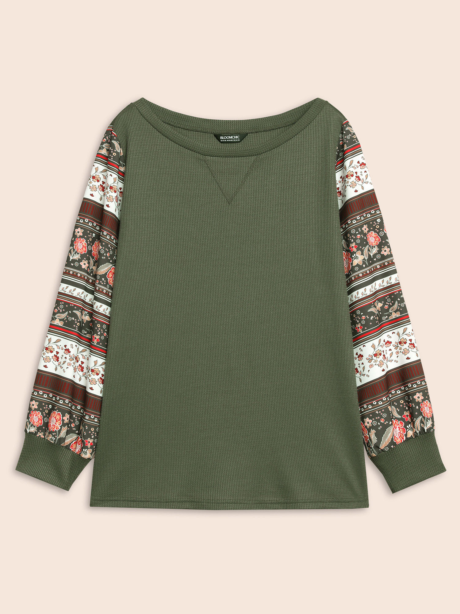 Plus Size Boho Print Patchwork Crew Neck Sweatshirt Women ArmyGreen Casual Elastic cuffs Round Neck Everyday Sweatshirts BloomChic 12/L 