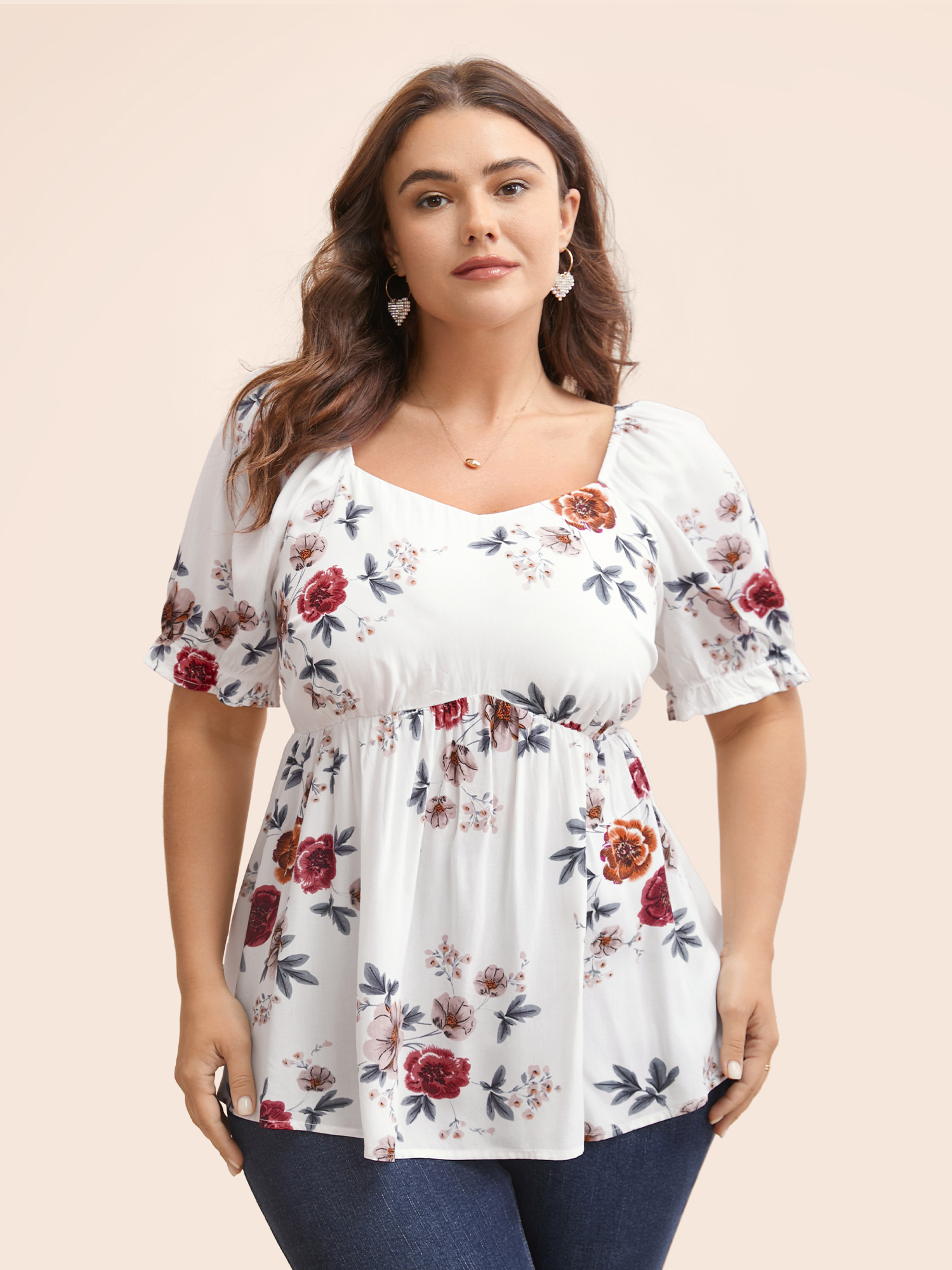 

Plus Size White Floral Print Square Neck Gathered Puff Sleeve Blouse Women Elegant Short sleeve Square Neck Dailywear Blouses BloomChic