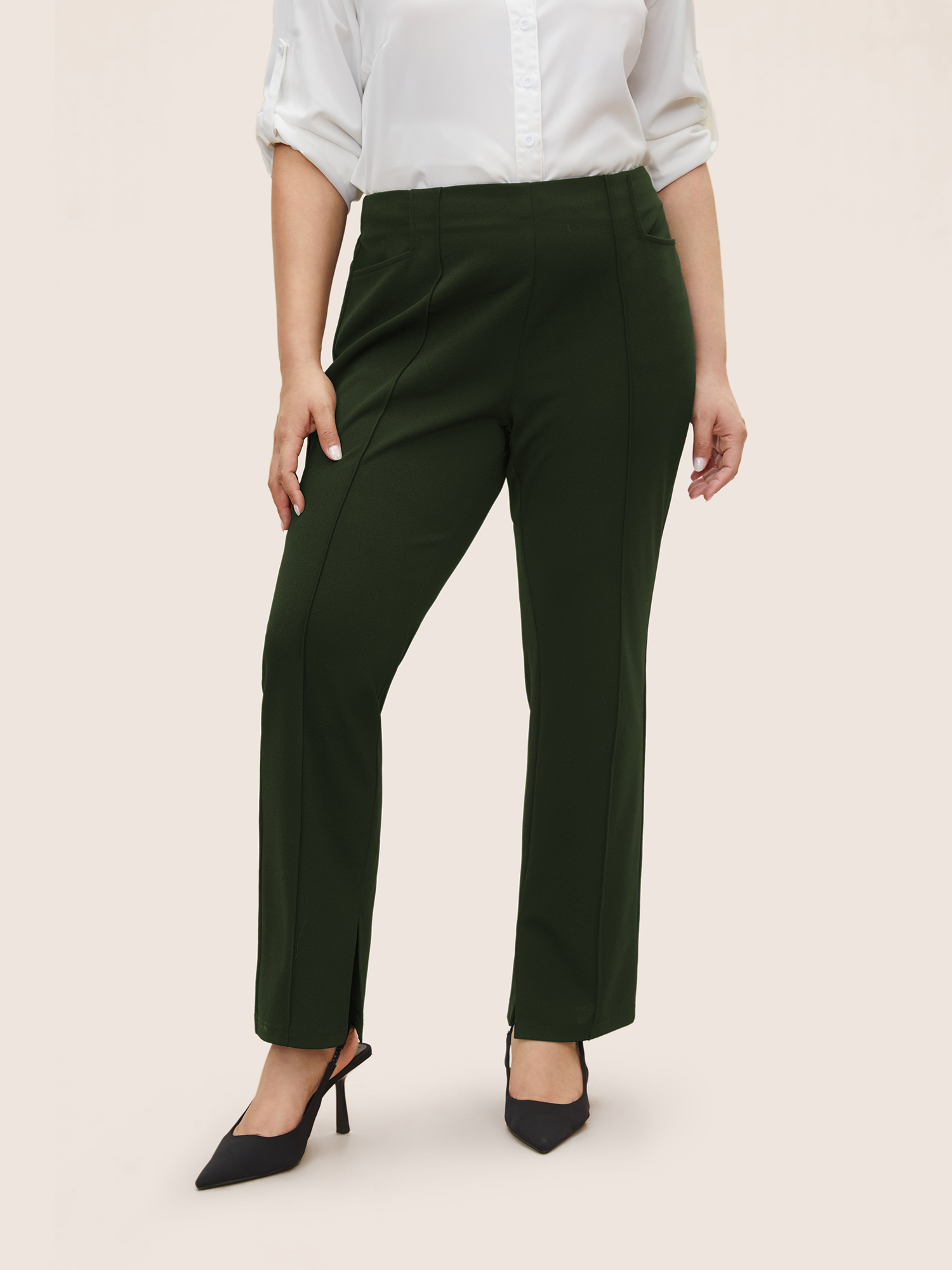 

Plus Size Plain Pleated Elastic Waist High Rise Pants Women ArmyGreen At the Office High Rise Work Pants BloomChic