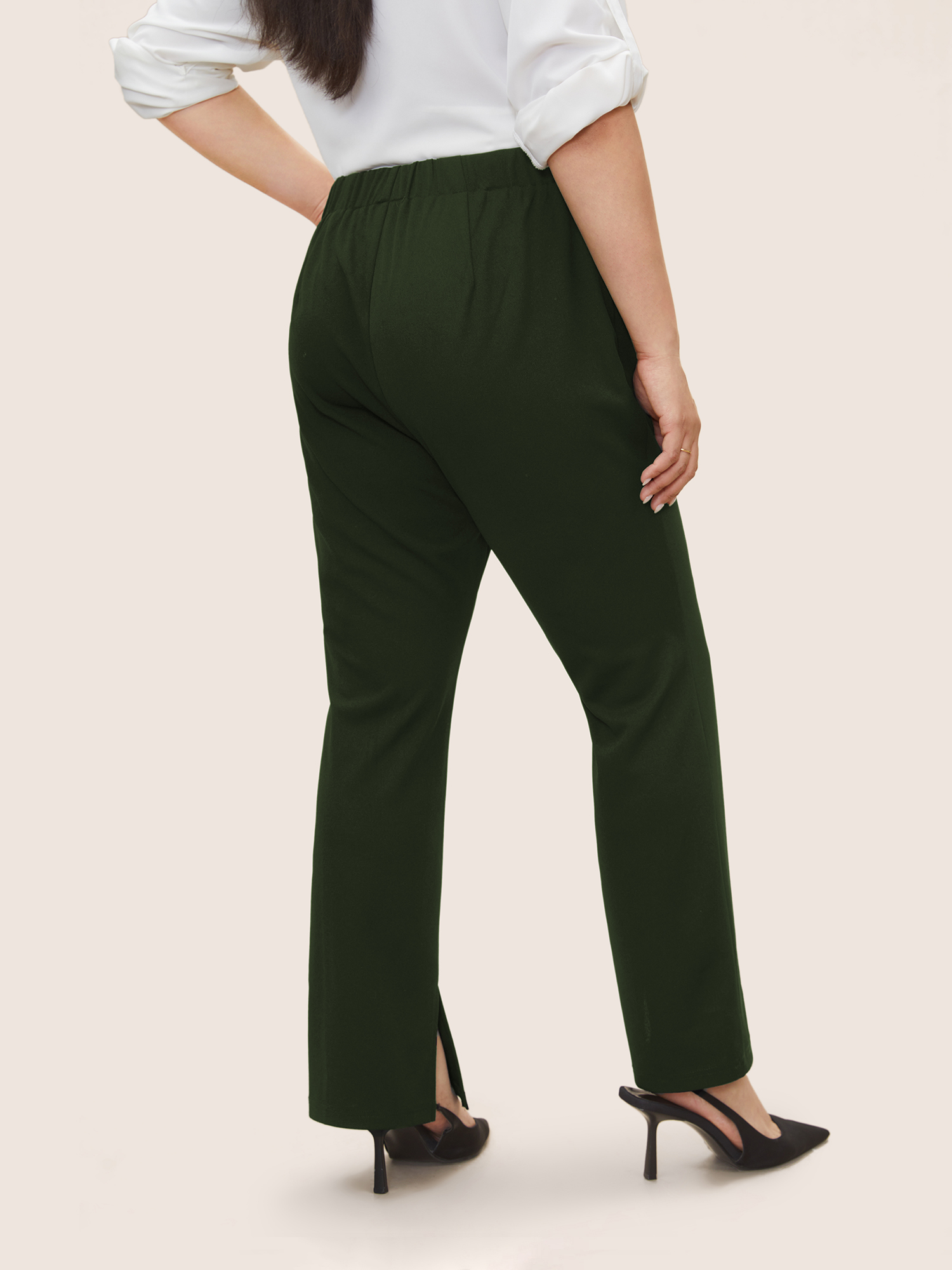 

Plus Size Plain Pleated Elastic Waist High Rise Pants Women ArmyGreen At the Office High Rise Work Pants BloomChic