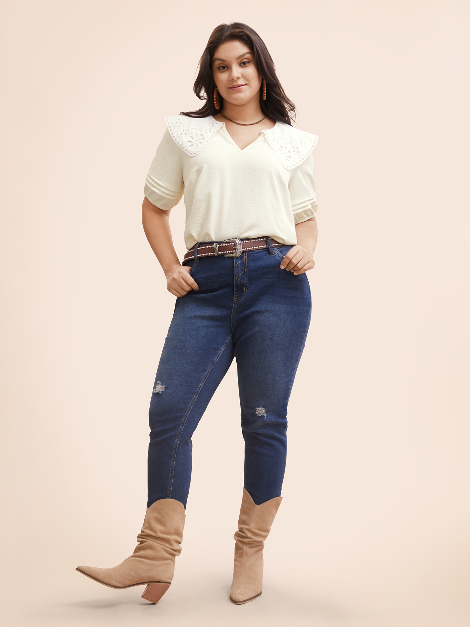 Plus Size Ivory Lace Collar Lantern Sleeve Pleated Blouse Women Resort Short sleeve Lace collar Vacation Blouses BloomChic 22-24/3X 
