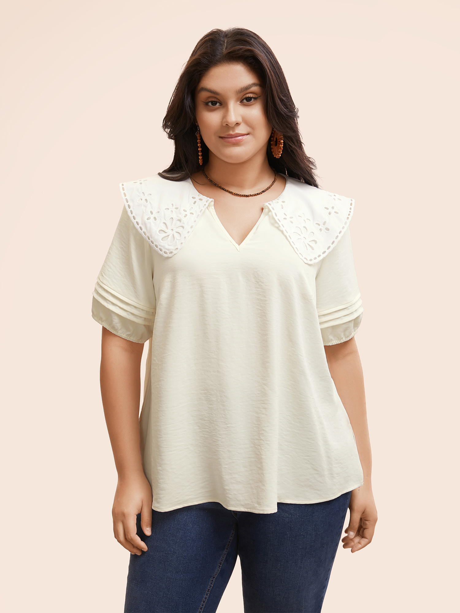 Plus Size Ivory Lace Collar Lantern Sleeve Pleated Blouse Women Resort Short sleeve Lace collar Vacation Blouses BloomChic 22-24/3X 