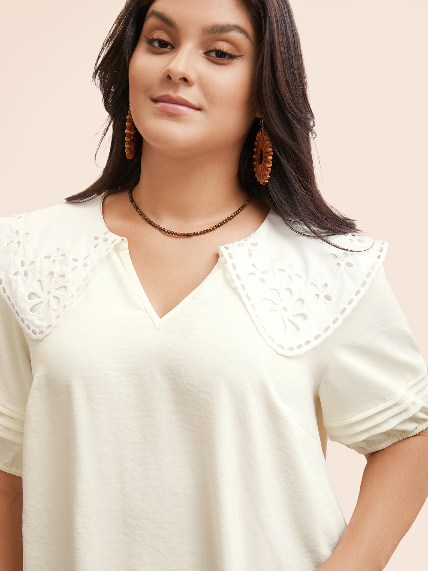 Plus Size Ivory Lace Collar Lantern Sleeve Pleated Blouse Women Resort Short sleeve Lace collar Vacation Blouses BloomChic 22-24/3X 