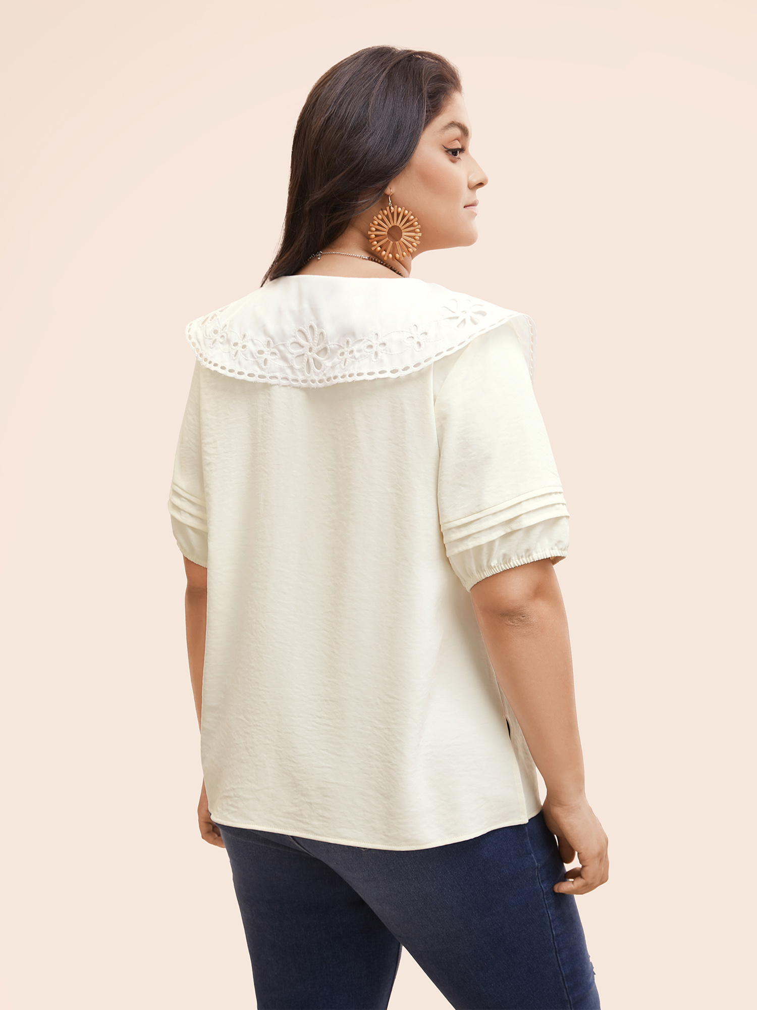 Plus Size Ivory Lace Collar Lantern Sleeve Pleated Blouse Women Resort Short sleeve Lace collar Vacation Blouses BloomChic 22-24/3X 