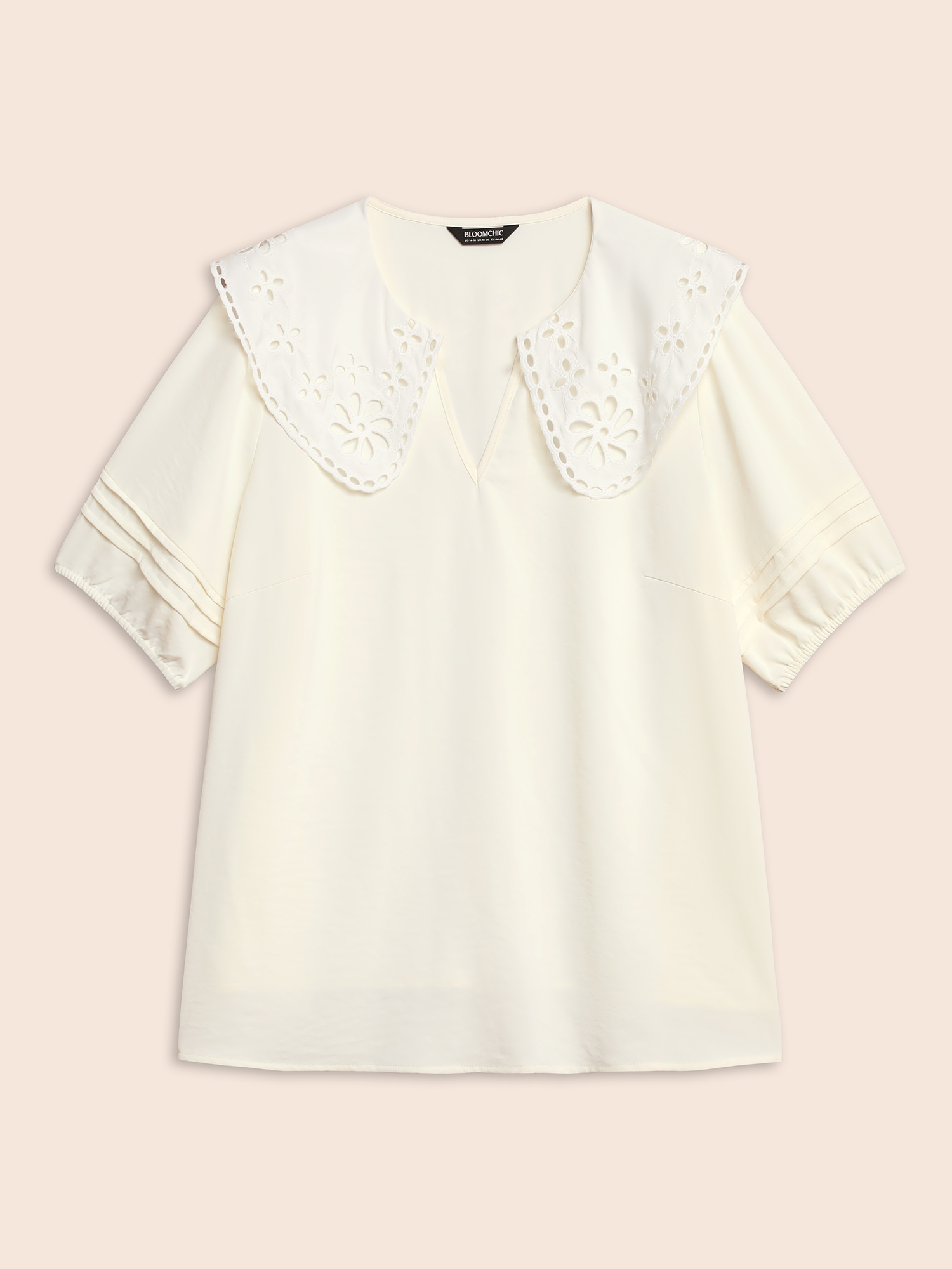 Plus Size Ivory Lace Collar Lantern Sleeve Pleated Blouse Women Resort Short sleeve Lace collar Vacation Blouses BloomChic 22-24/3X 