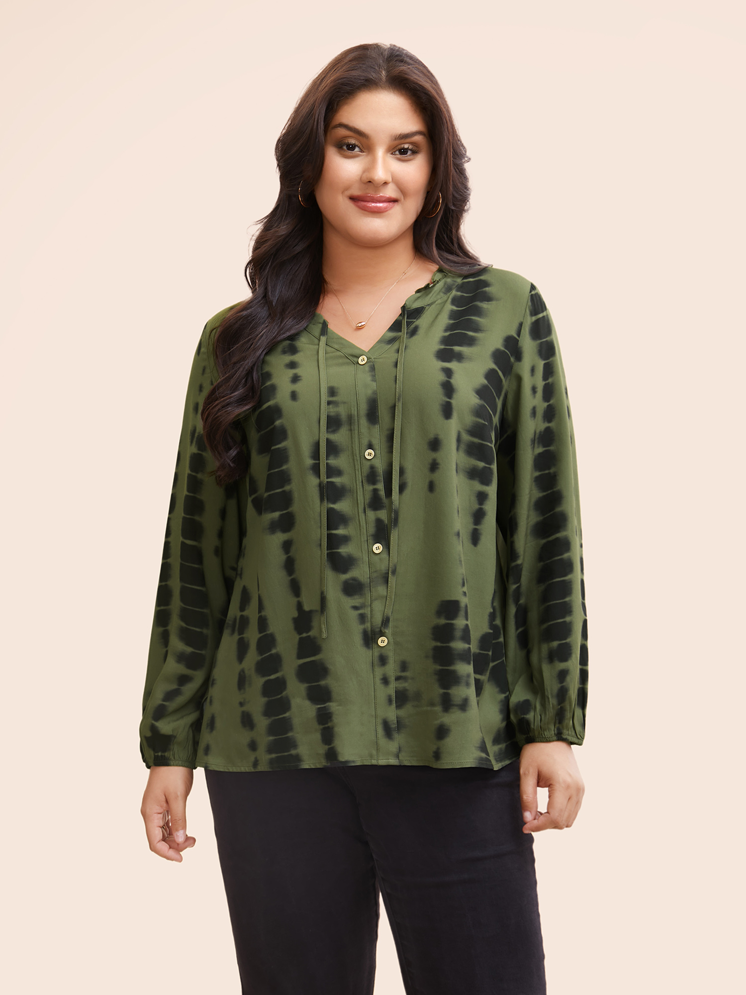 

Plus Size Multicolor Asymmetrical Brush Print Tie Knot Ruffles Blouse Women Elegant Long Sleeve Notched collar Everyday Blouses BloomChic