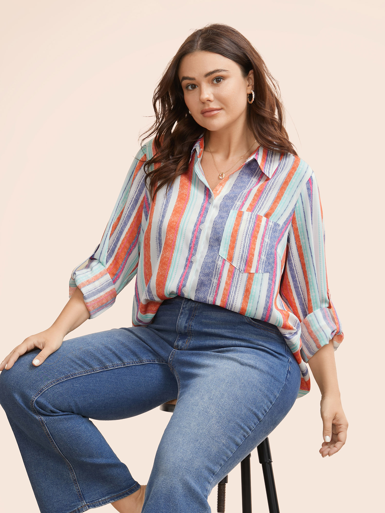 

Plus Size Multicolor Contrast Striped Patched Pocket Tab Sleeve Blouse Women Elegant Long Sleeve Shirt collar Everyday Blouses BloomChic