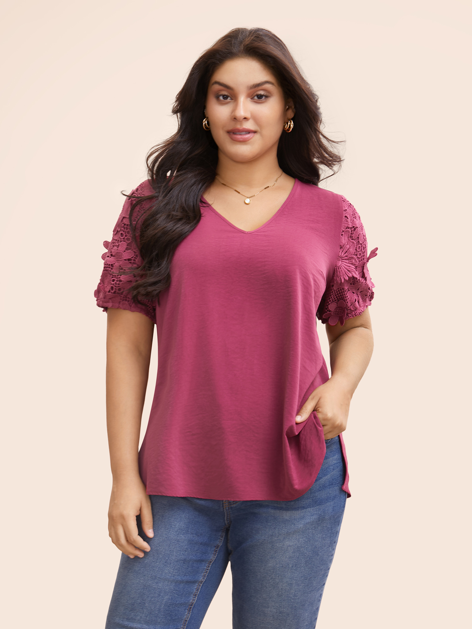 

Plus Size RedViolet V Neck Lace Panel Slit Hem Blouse Women Elegant Long Sleeve V-neck Everyday Blouses BloomChic