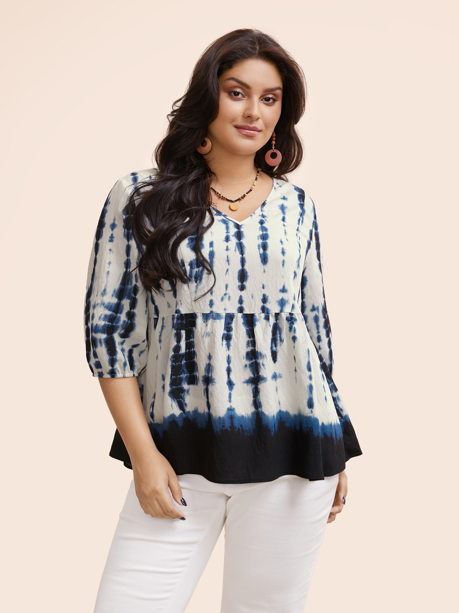 

Plus Size Navy Tie Dye V Neck Gathered Blouse Women Resort Elbow-length sleeve V-neck Vacation Blouses BloomChic