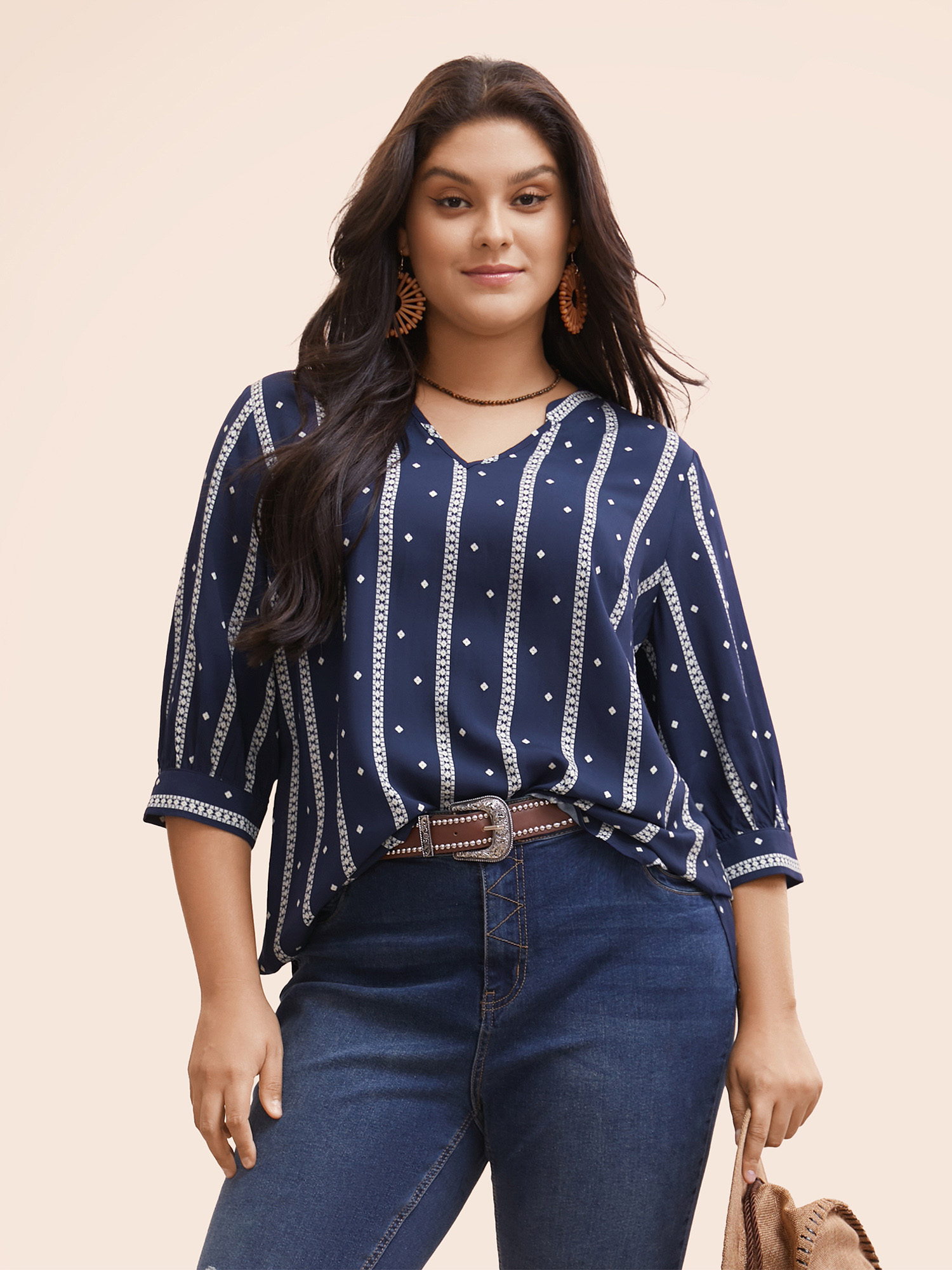 

Plus Size Indigo Striped Geometric Notched Gathered Blouse Women Resort Elbow-length sleeve Notched collar Vacation Blouses BloomChic