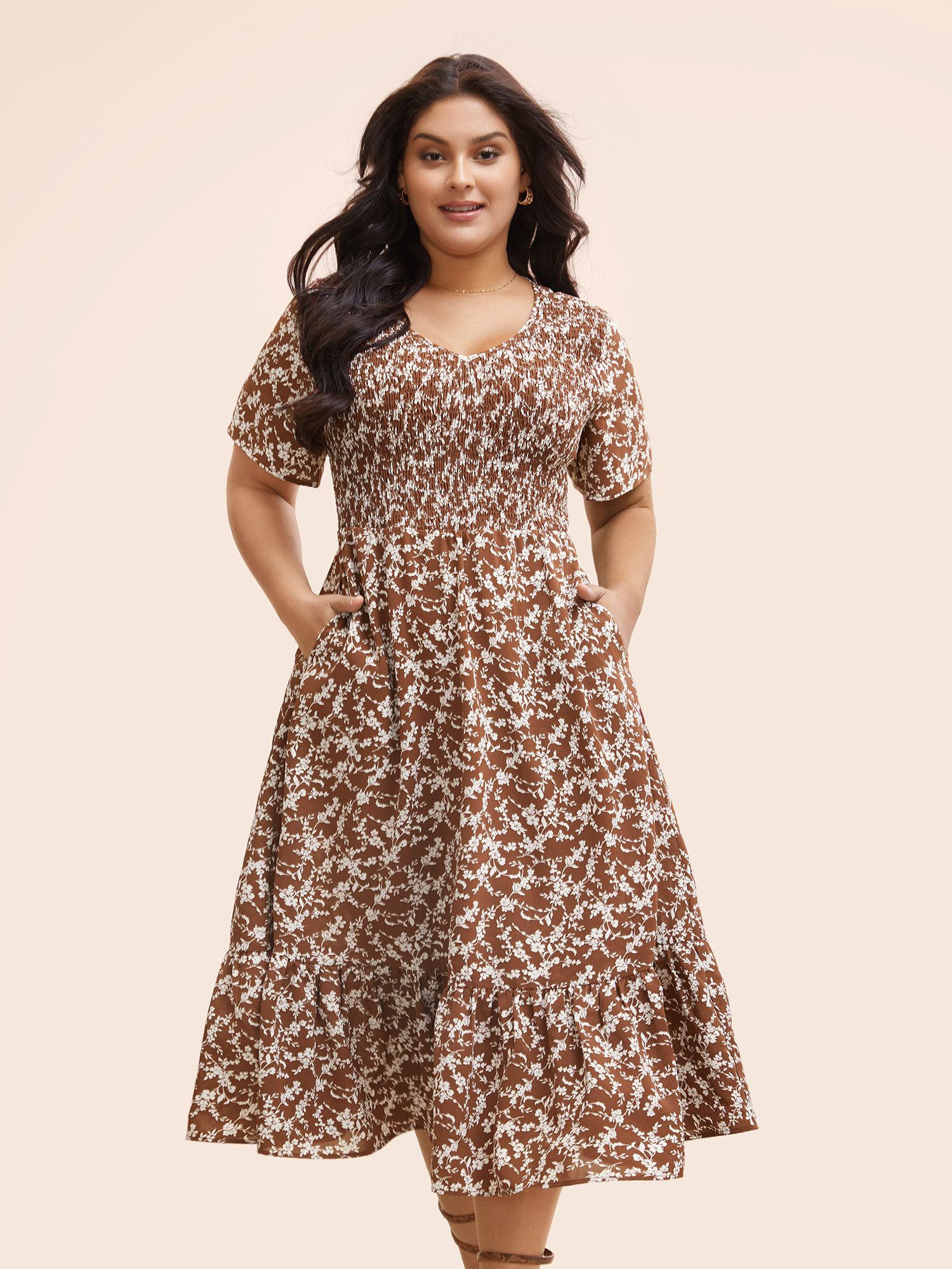 

Plus Size Ditsy Floral Shirred Ruffle Hem Dress Browncoffeecolor Women Elegant Shirred V-neck Short sleeve Curvy BloomChic