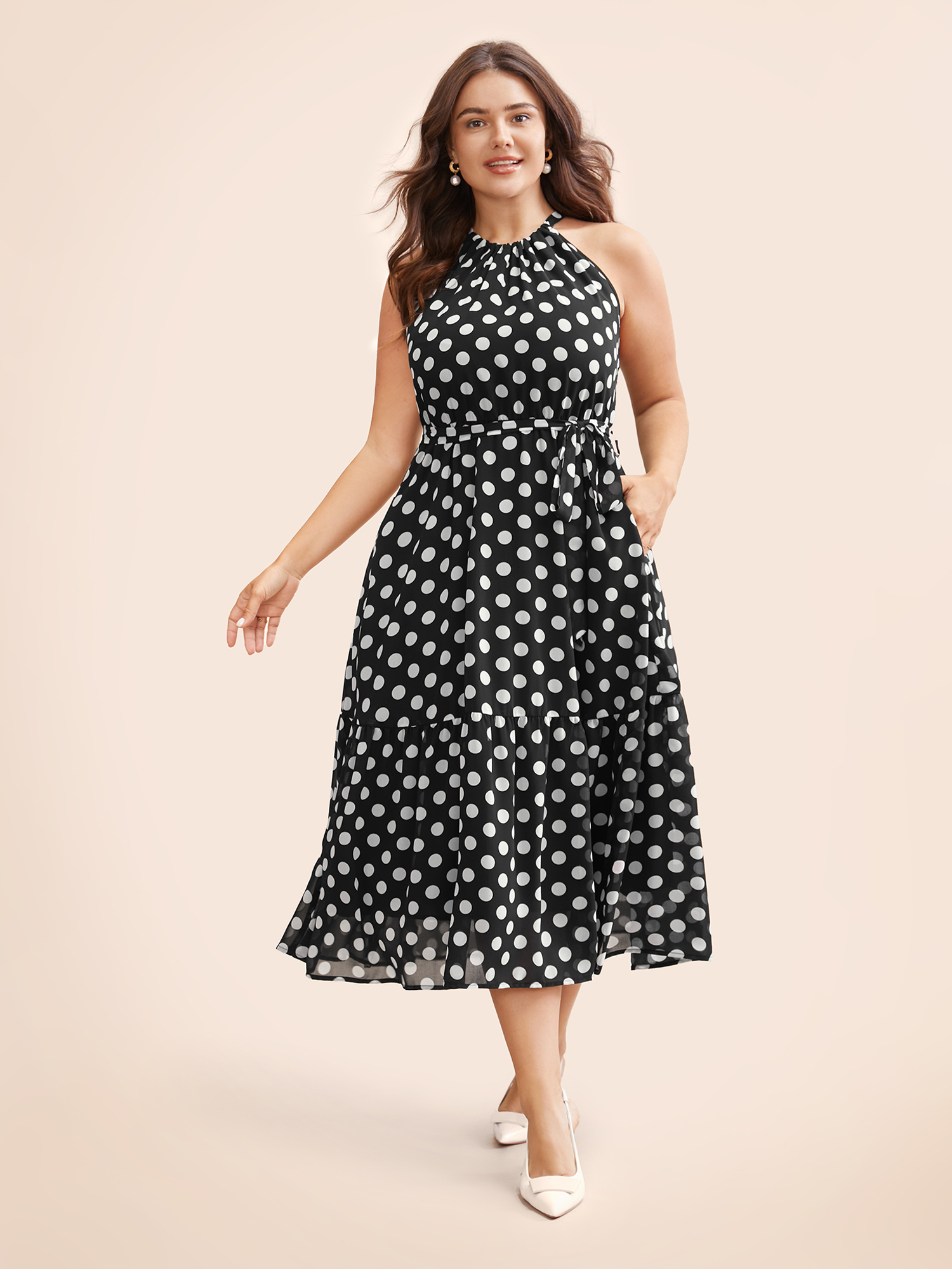 

Plus Size Halter Polka Dot Ruffle Hem Belted Dress Black Women Elegant See through Halter neck Sleeveless Curvy BloomChic