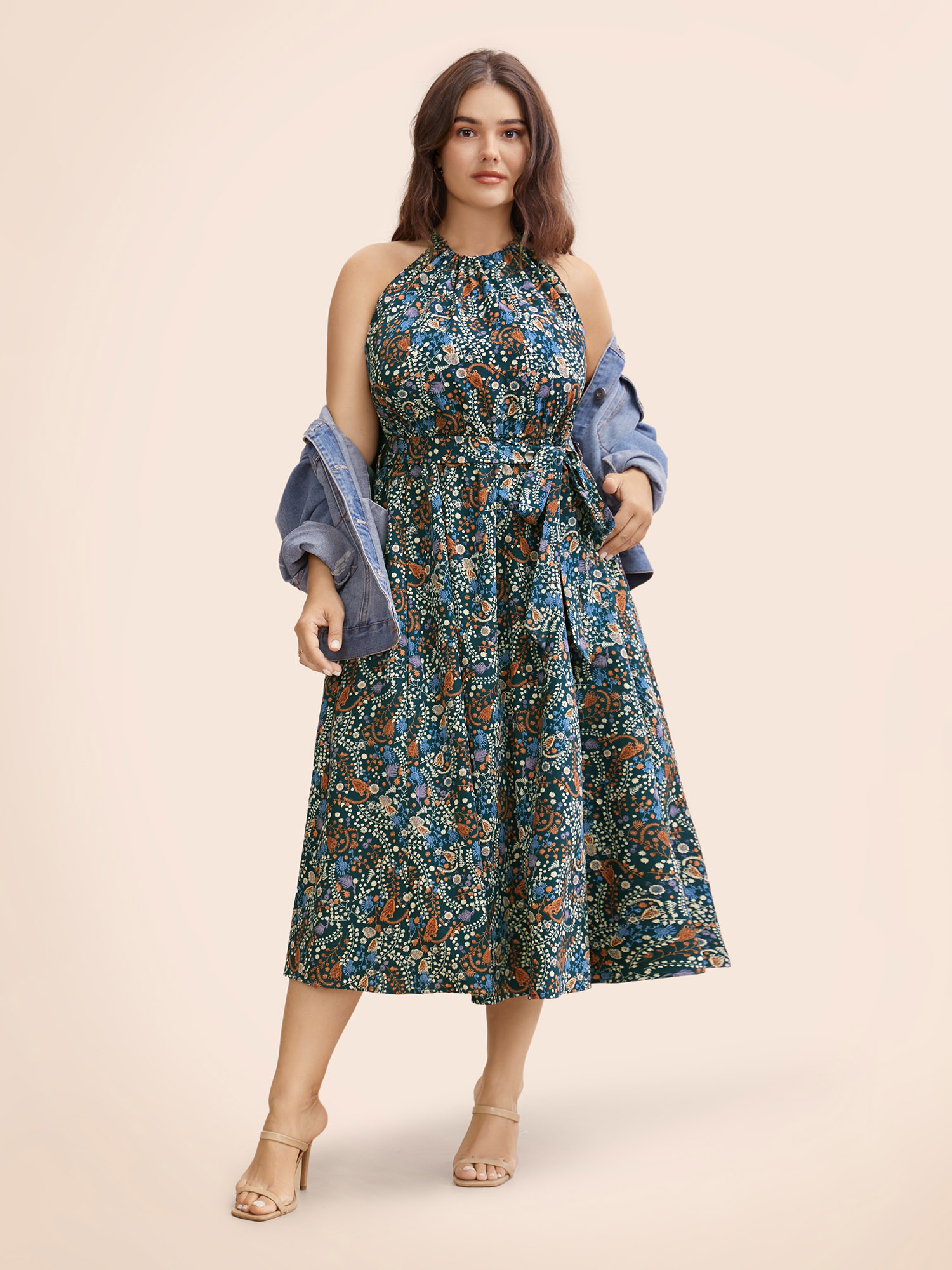 

Plus Size Bandana Print Halter Belted Pocket Dress Cyan Women Elegant Belted Halter neck Sleeveless Curvy BloomChic