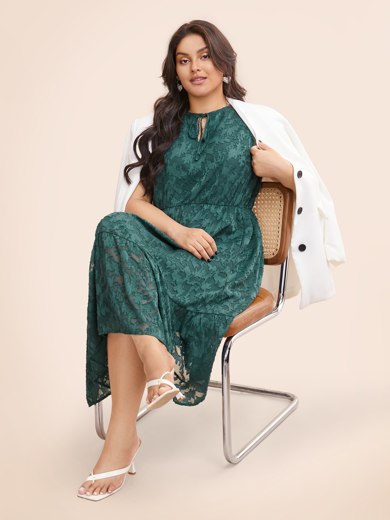 Plus Size Texture Mesh Tie Knot Tank Dress Emerald Women Elegant Tie knot V-neck Sleeveless Curvy BloomChic 12/L 