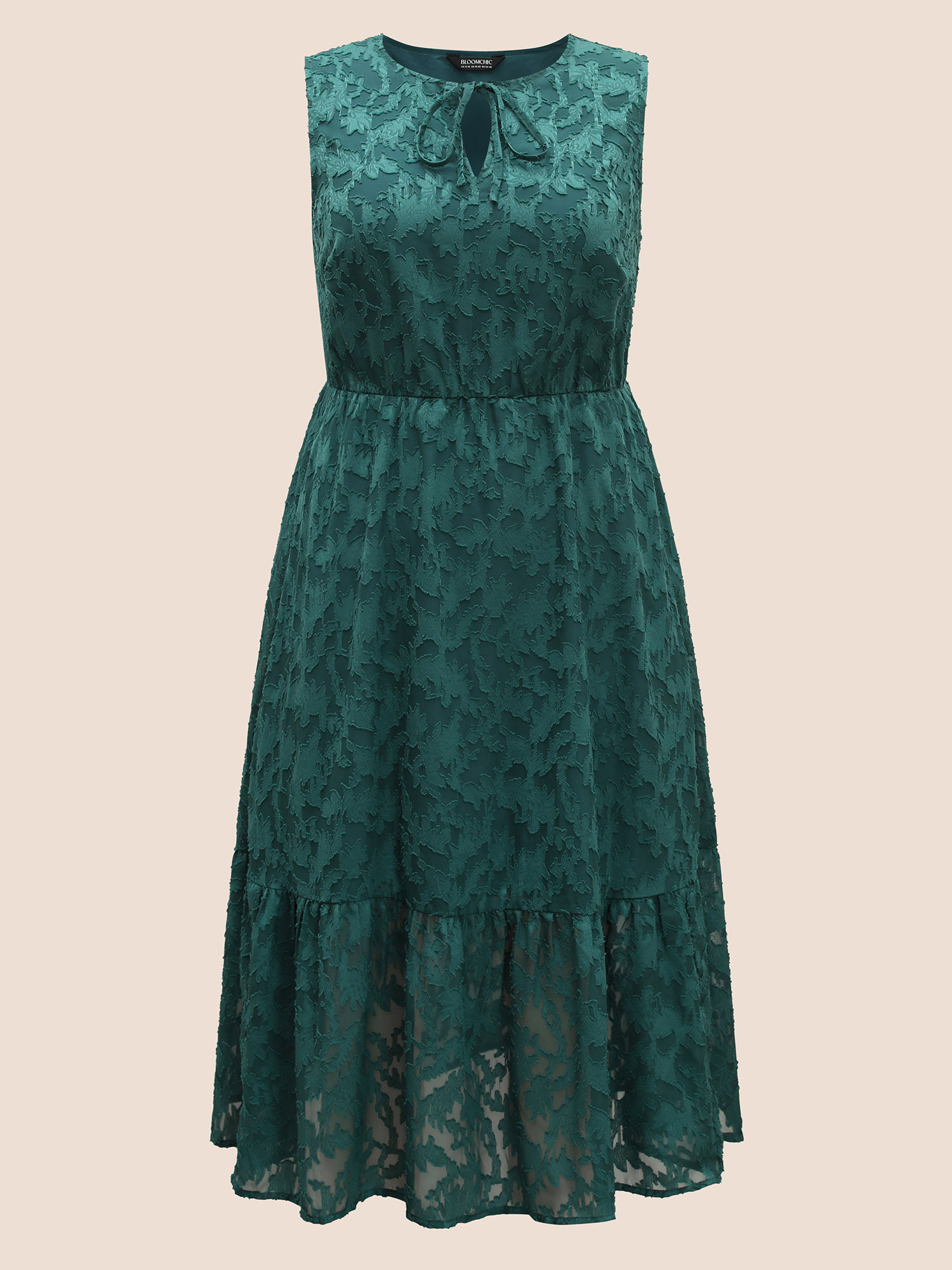 Plus Size Texture Mesh Tie Knot Tank Dress Emerald Women Elegant Tie knot V-neck Sleeveless Curvy BloomChic 12/L 