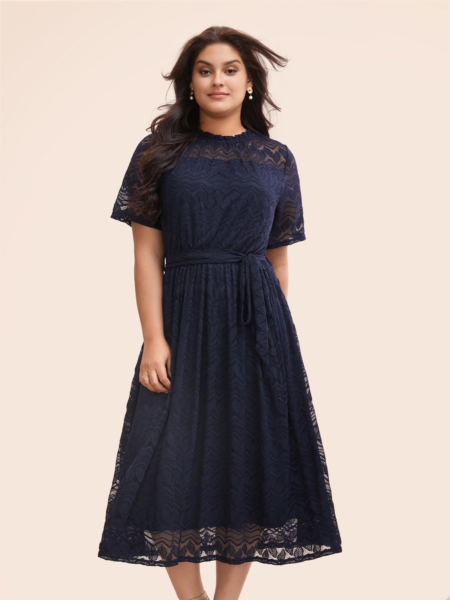 

Plus Size Mock Neck Lace Mesh Patchwork Belted Dress DarkBlue Women Elegant Texture Mock Neck Short sleeve Curvy BloomChic