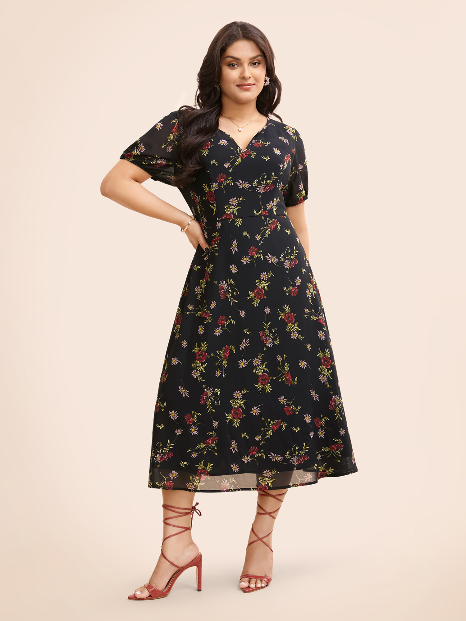 

Plus Size Floral Notched Chiffon Mesh Midi Dress Black Women Elegant See through Notched collar Short sleeve Curvy BloomChic