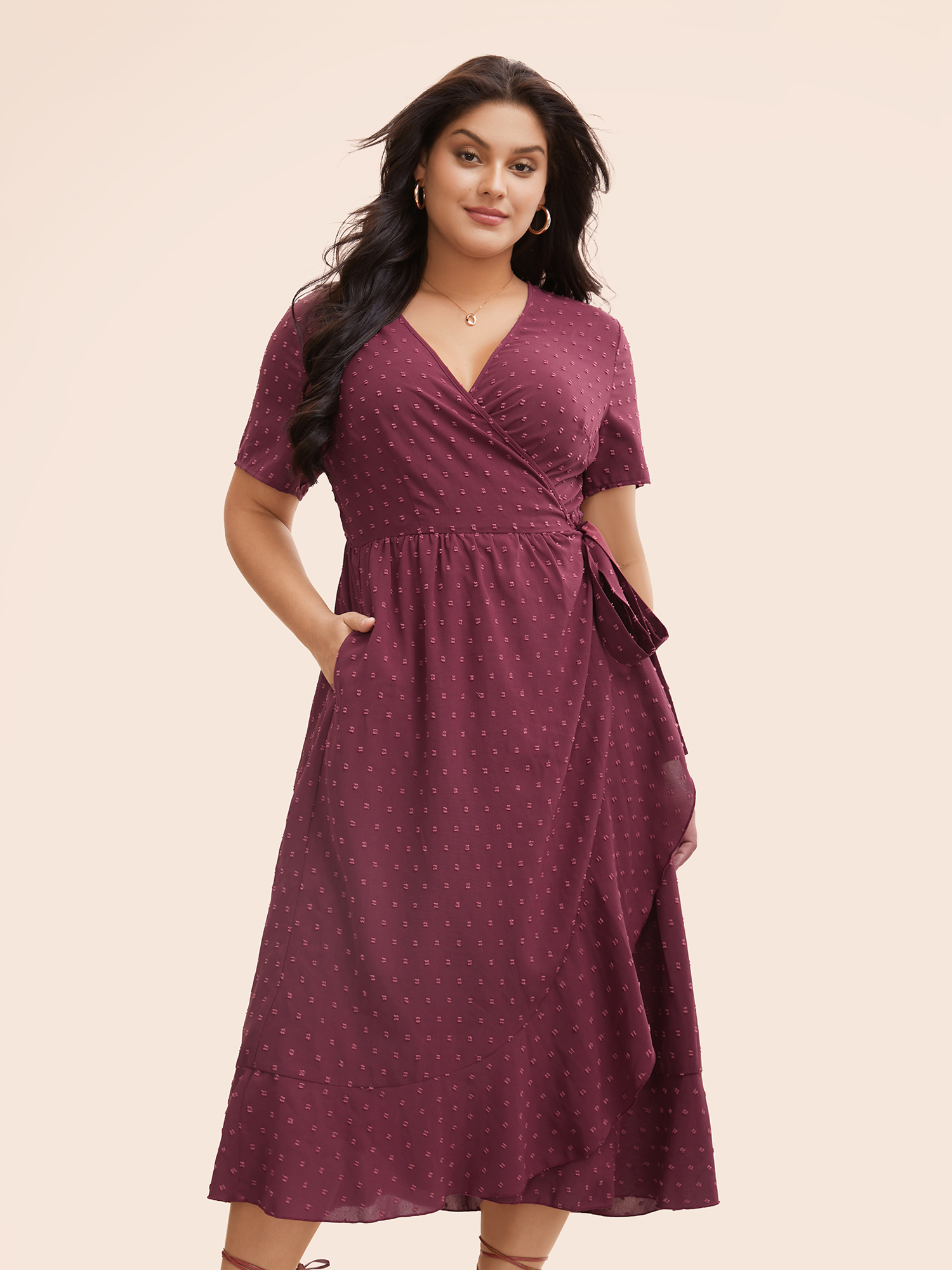 

Plus Size Plain Overlap Collar Ruffle Trim Tie Knot Dress Burgundy Women Elegant Tie knot Overlap Collar Short sleeve Curvy BloomChic