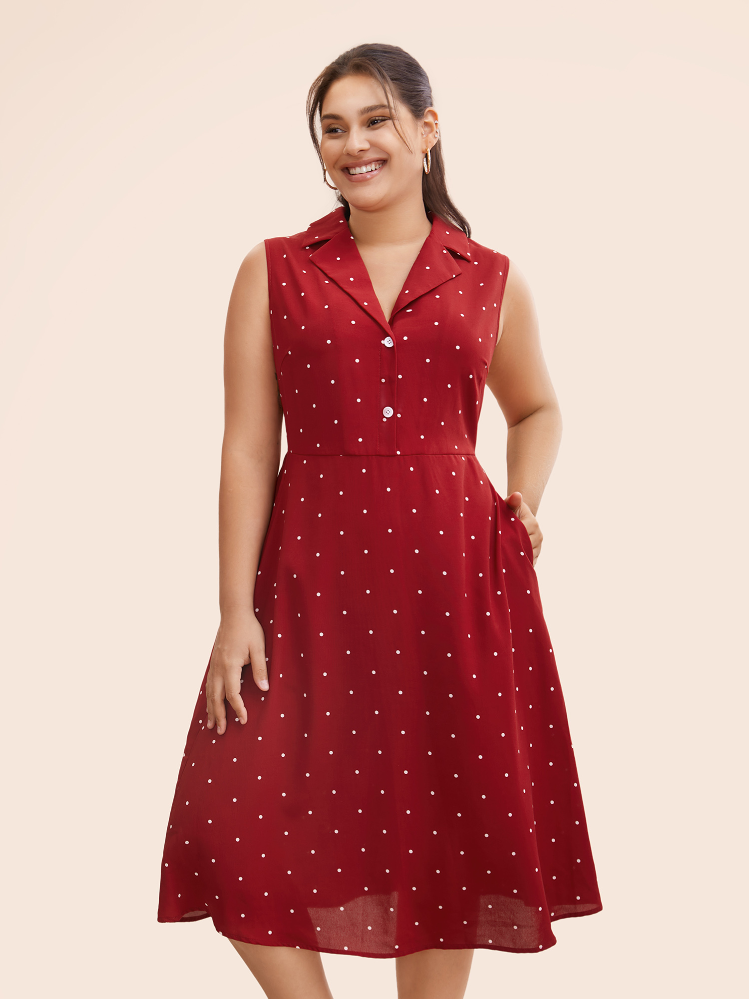 

Plus Size Polka Dot Suit Collar Button Detail Midi Dress Burgundy Women Casual Button Suit Collar Sleeveless Curvy BloomChic