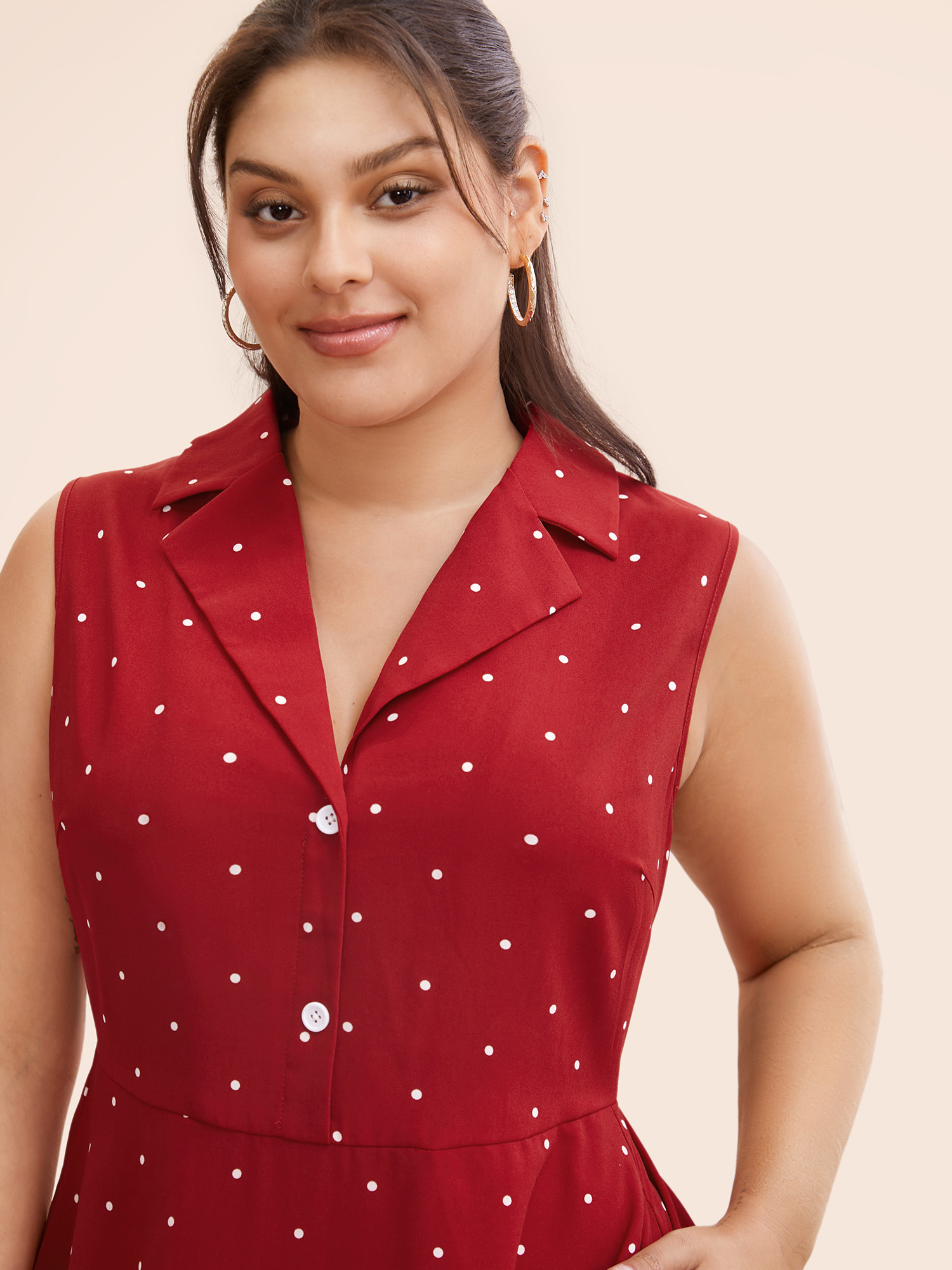 

Plus Size Polka Dot Suit Collar Button Detail Midi Dress Burgundy Women Casual Button Suit Collar Sleeveless Curvy BloomChic