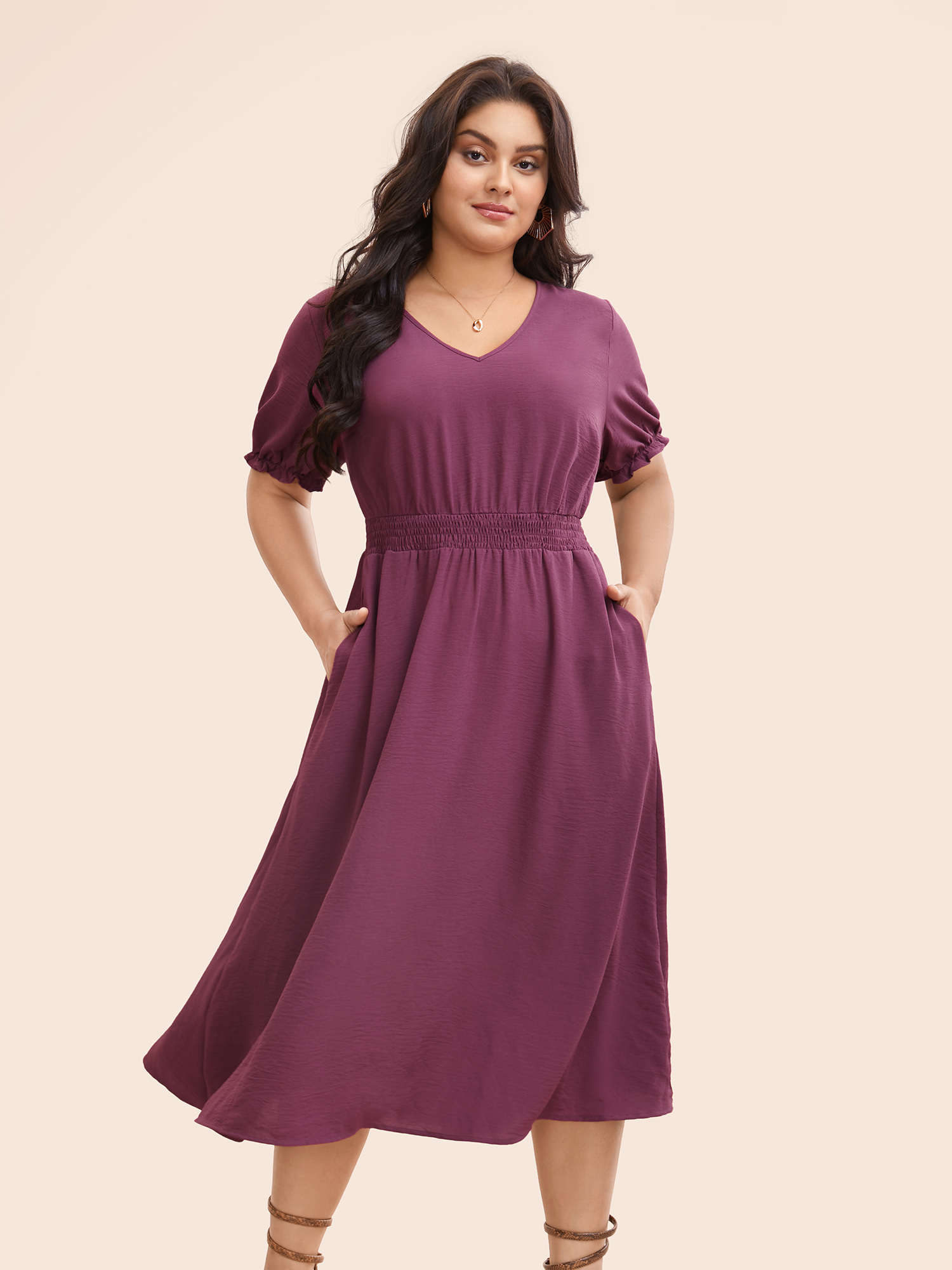 

Plus Size Plain V Neck Shirred Puff Sleeve Dress Rosered Women Elegant Frill Trim V-neck Short sleeve Curvy BloomChic