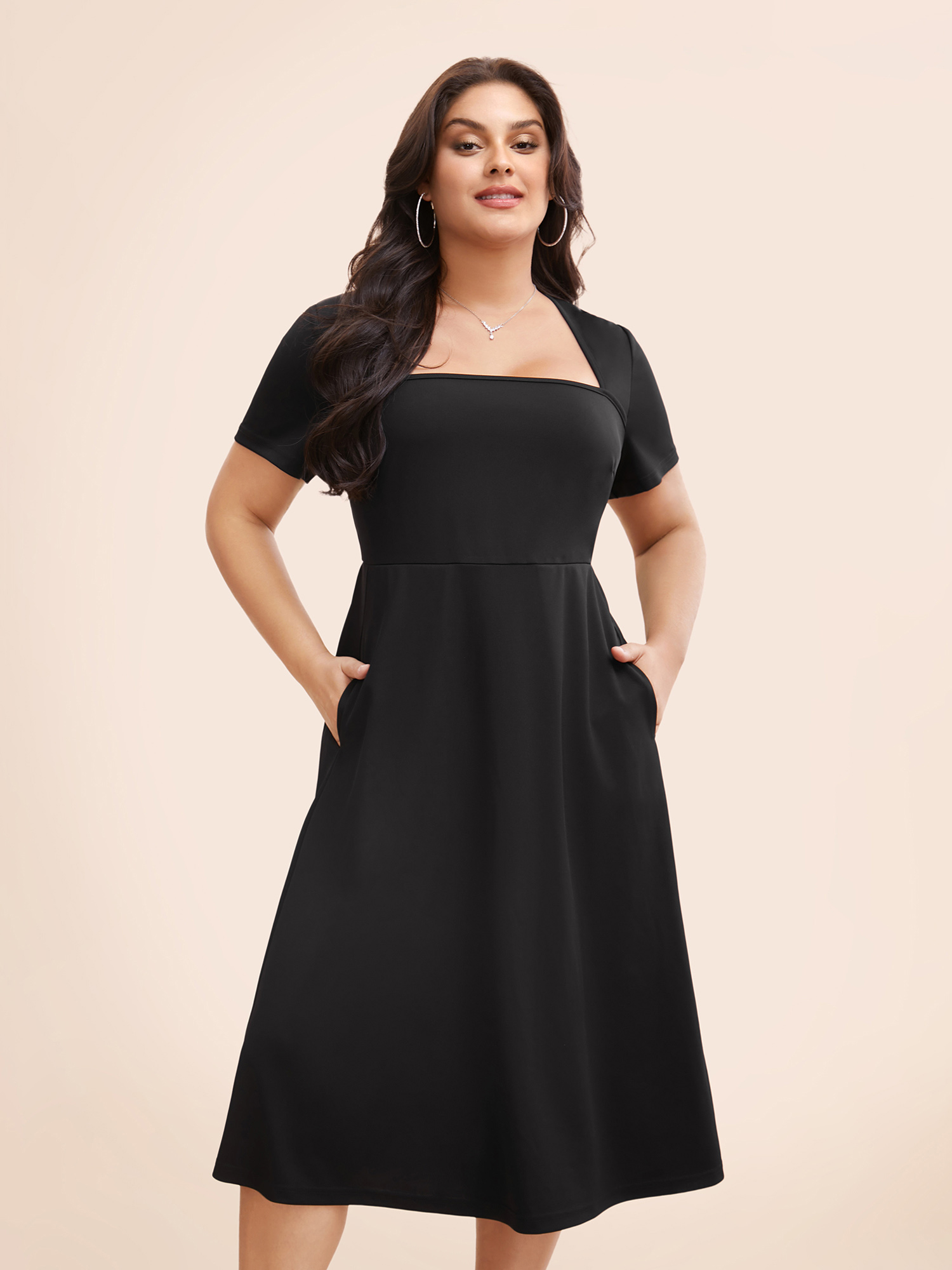 

Plus Size Square Neck Plain Elastic Waist Dress Black Women Cocktail Non Square Neck Short sleeve Curvy BloomChic