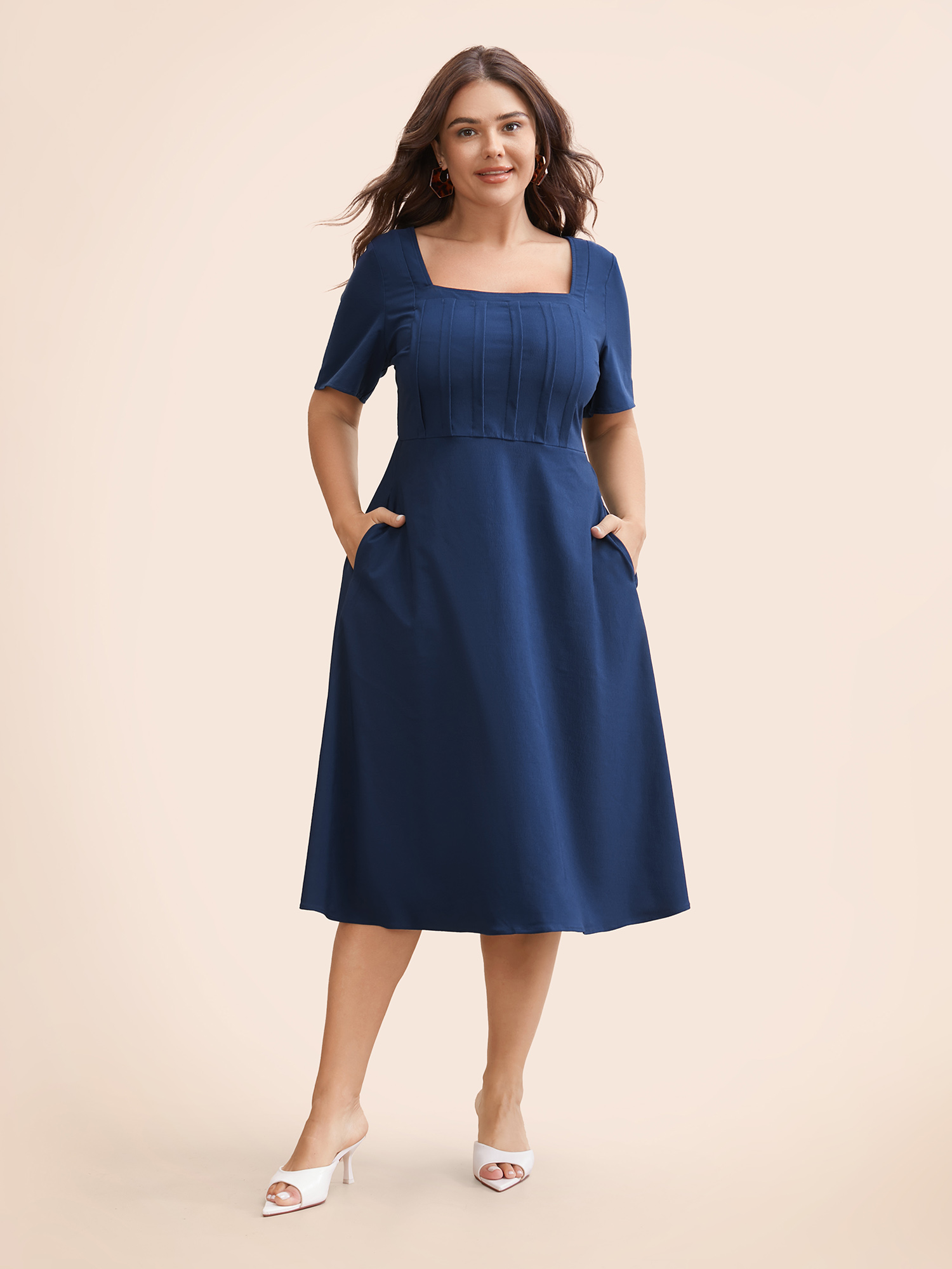 

Plus Size Solid Square Neck Pleated Midi Dress Indigo Women Elegant Tucked seam Square Neck Short sleeve Curvy BloomChic