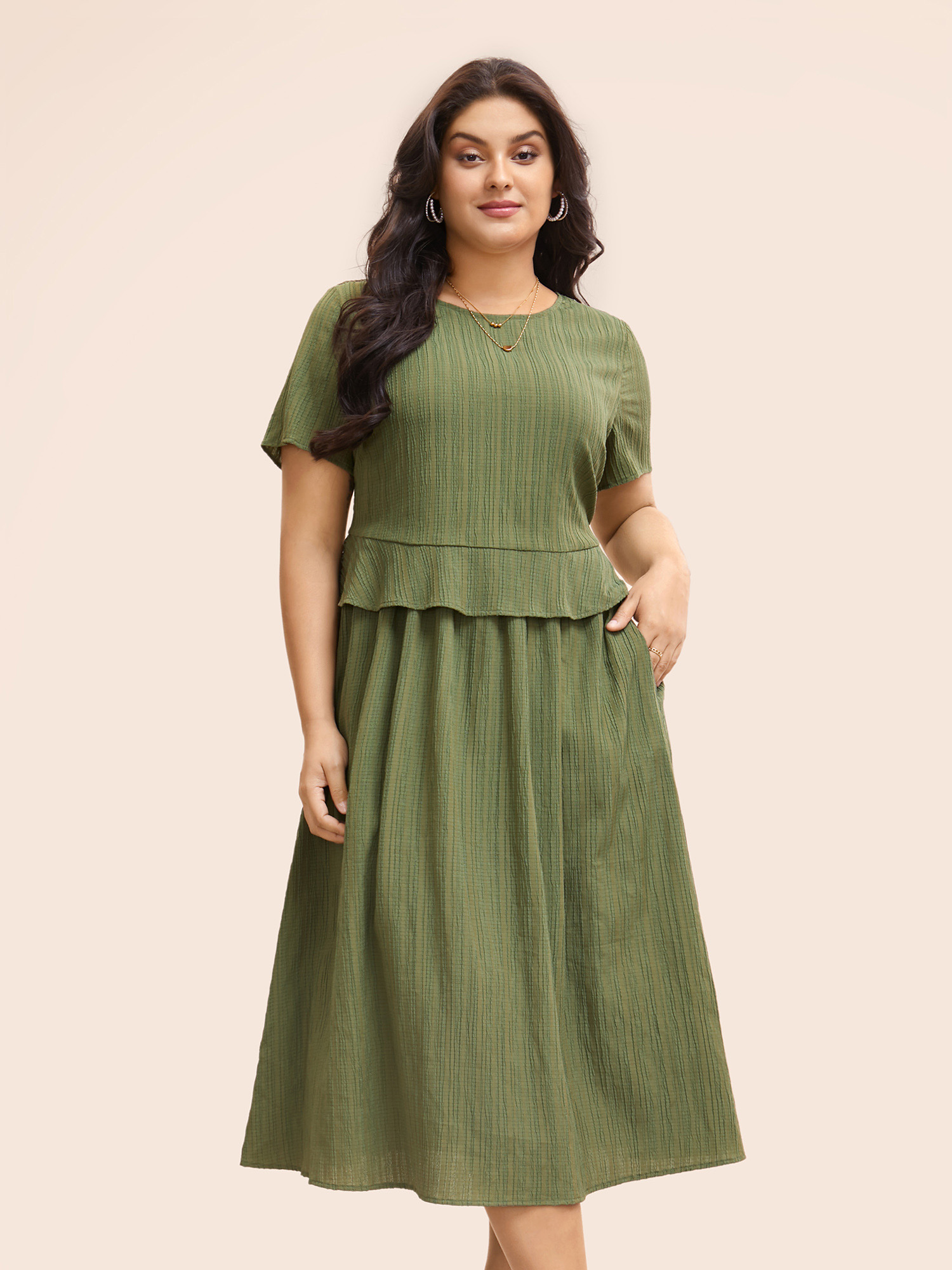 

Plus Size Round Neck Textured Ruffle Trim Dress ArmyGreen Women Elegant Texture Round Neck Short sleeve Curvy BloomChic