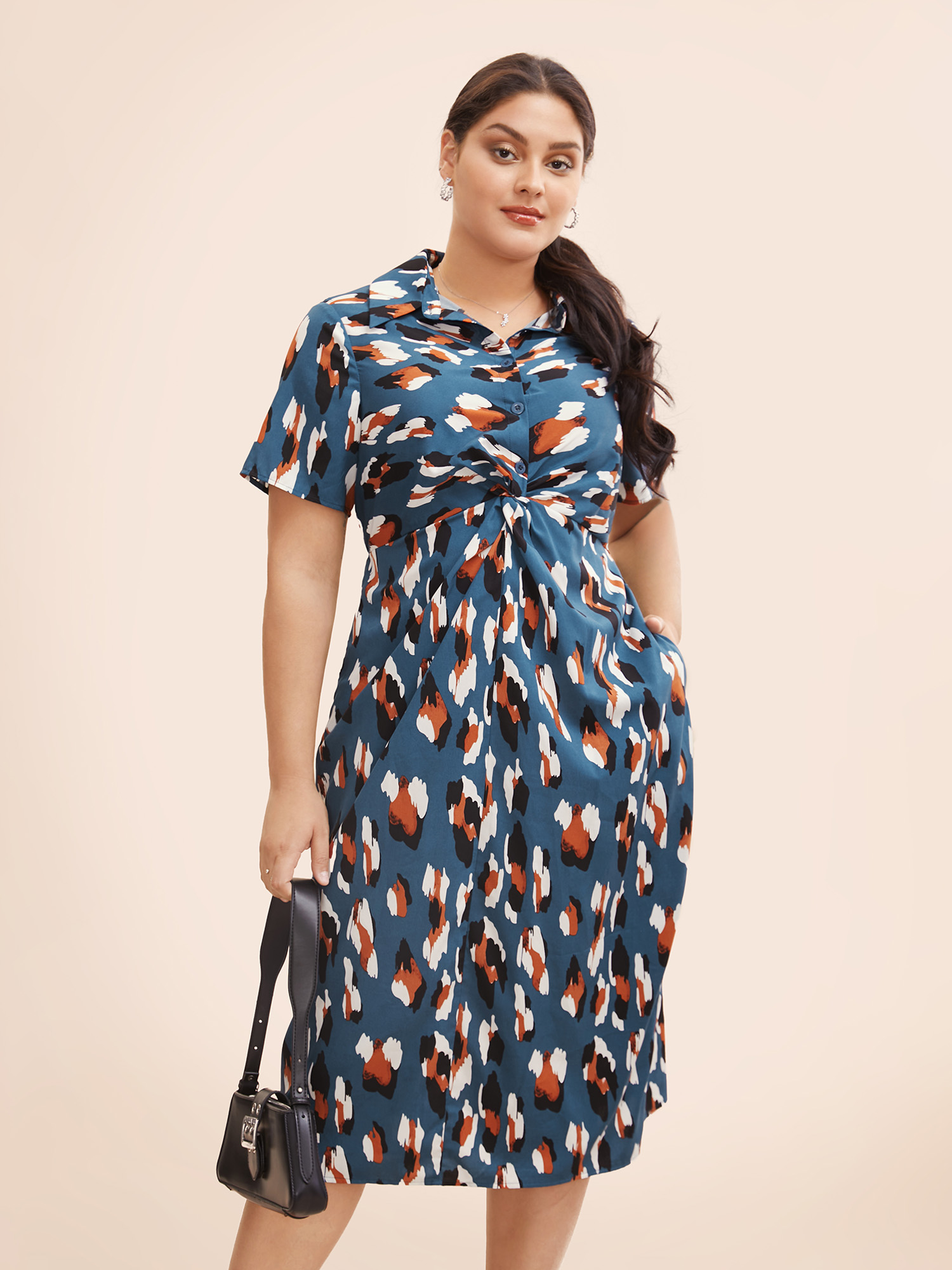 

Plus Size Leopard Print Shirt Collar Twist Front Dress Mediumblue Women Workwear Essentials Twist Shirt collar Short sleeve Curvy BloomChic