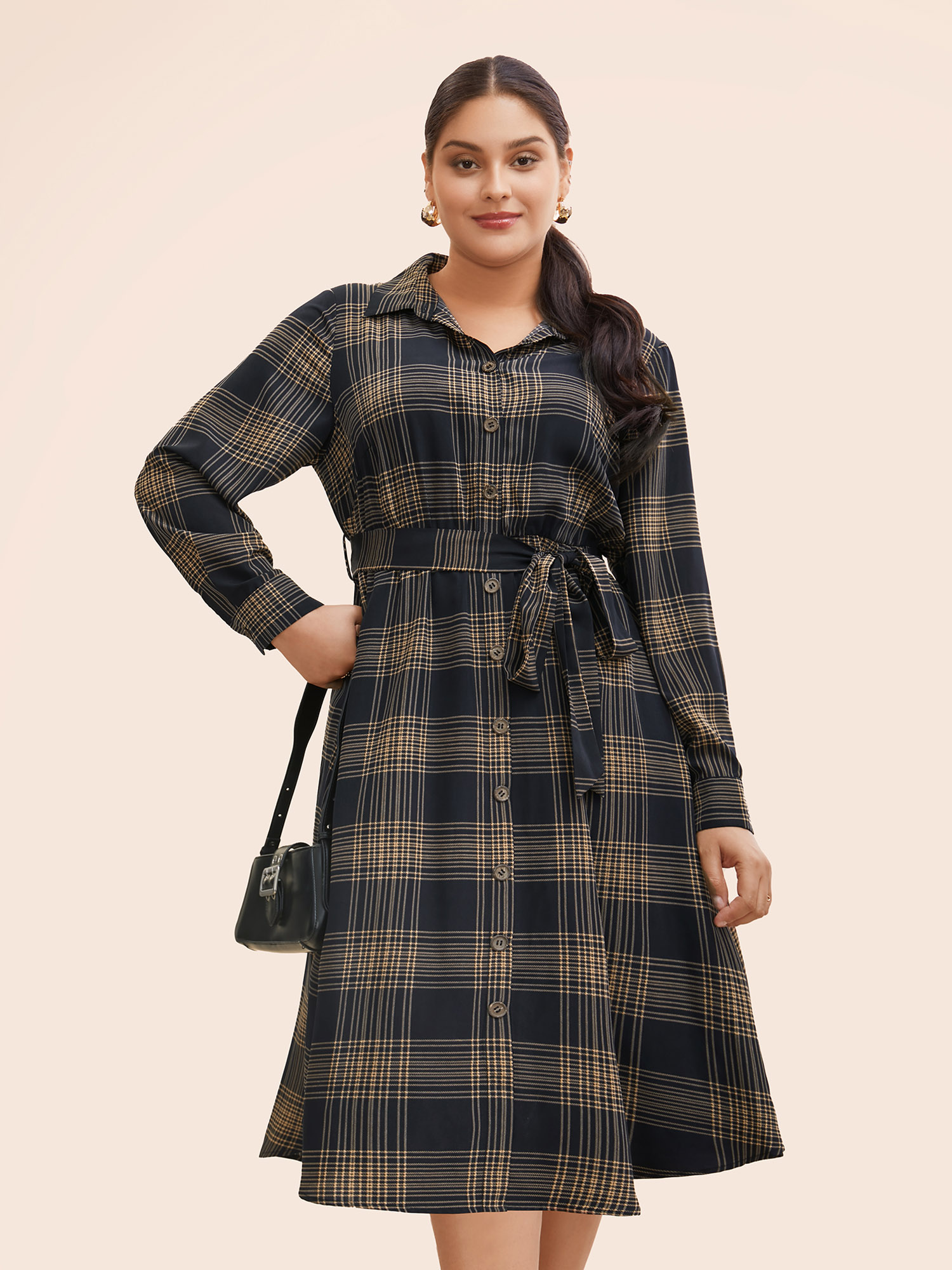 

Plus Size Plaid Shirt Collar Belted Midi Dress Indigo Women At the Office Belted Shirt collar Long Sleeve Curvy BloomChic