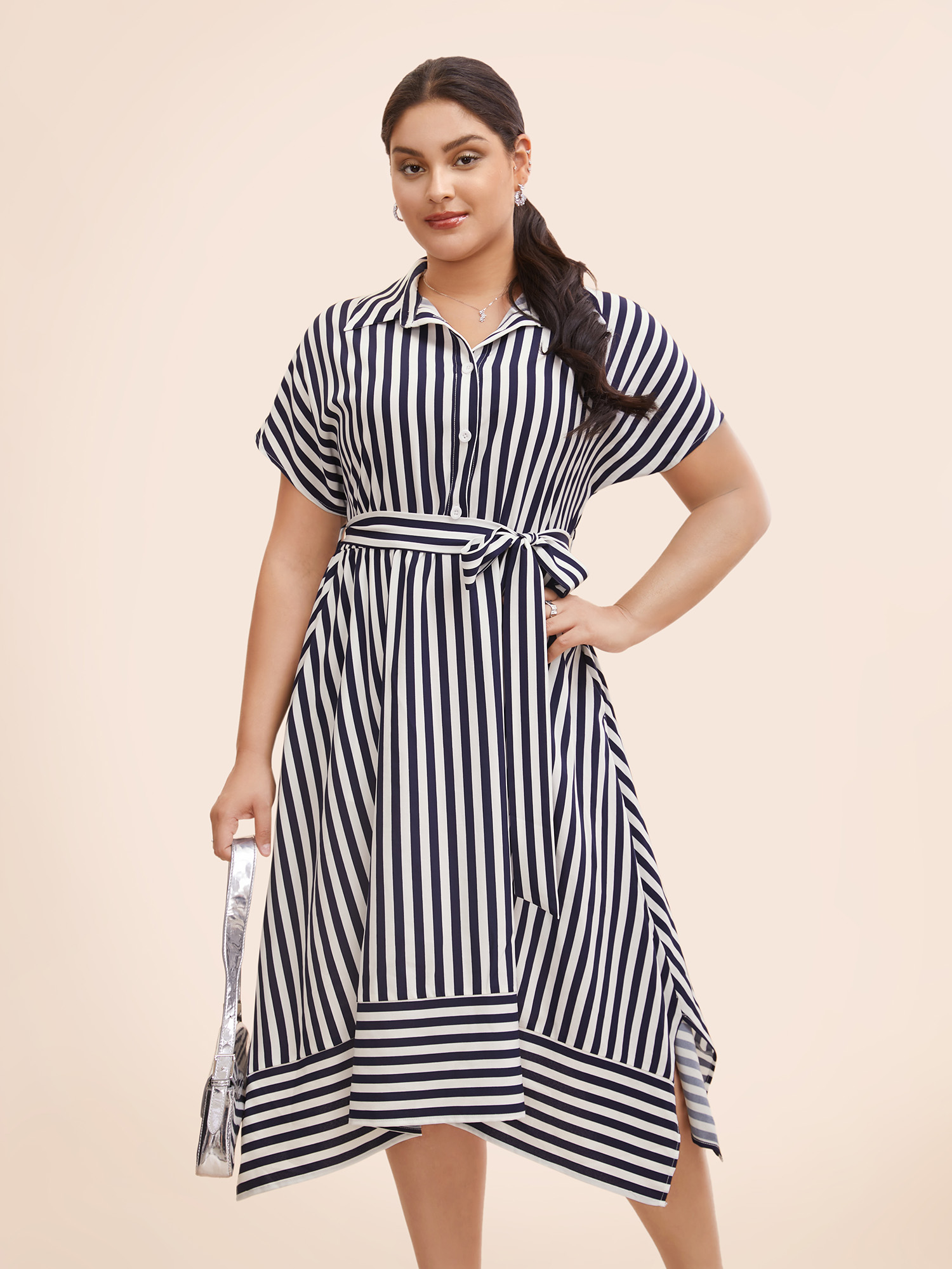 

Plus Size Shirt Collar Striped Hanky Hem Dress Skyblue Women Workwear Essentials Belted Shirt collar Short sleeve Curvy BloomChic