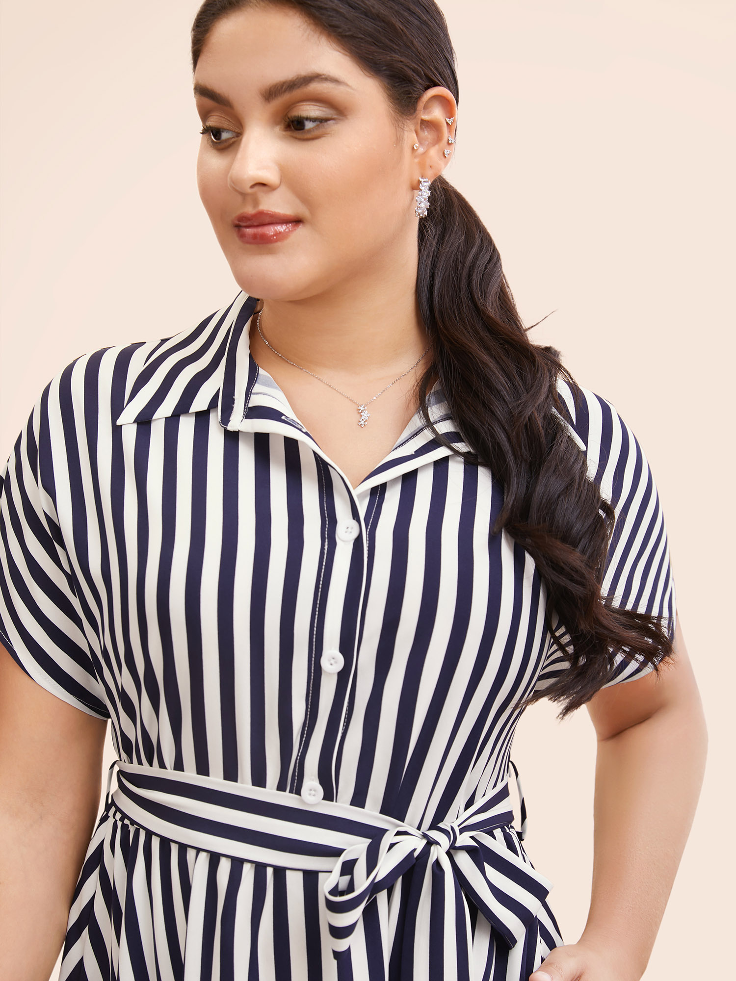 

Plus Size Shirt Collar Striped Hanky Hem Dress Skyblue Women Workwear Essentials Belted Shirt collar Short sleeve Curvy BloomChic