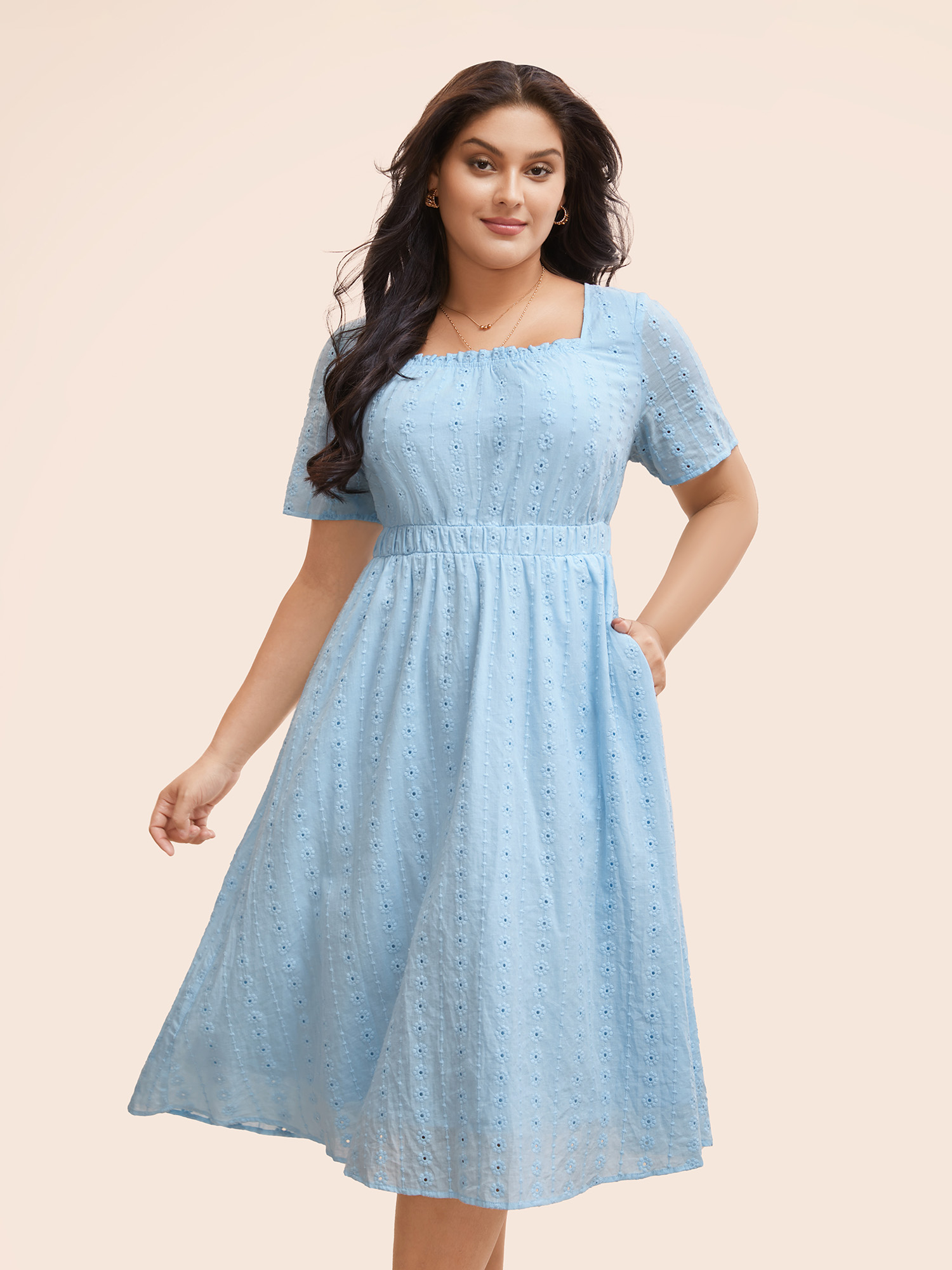 

Plus Size Square Neck Broderie Anglaise Frill Trim Dress Skyblue Women Elegant Texture Square Neck Short sleeve Curvy BloomChic