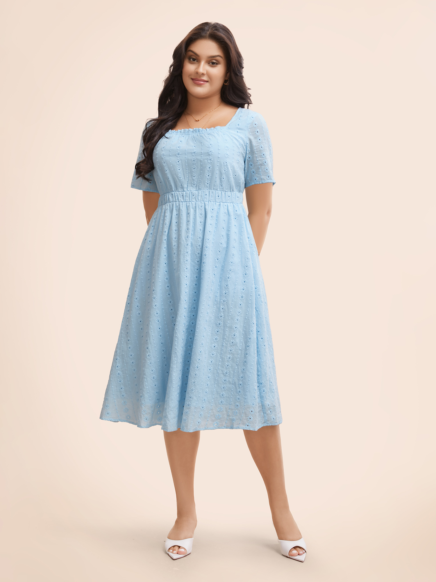 

Plus Size Square Neck Broderie Anglaise Frill Trim Dress Skyblue Women Elegant Texture Square Neck Short sleeve Curvy BloomChic