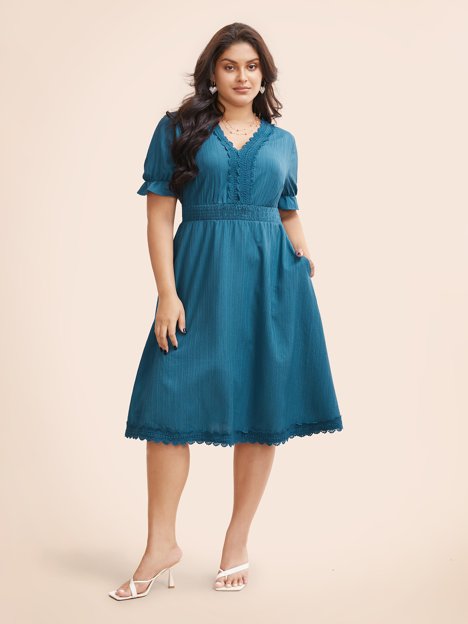 

Plus Size Plain Ruffle Sleeve Woven Ribbon Dress Mediumblue Women Elegant Woven ribbon&lace trim V-neck Short sleeve Curvy BloomChic