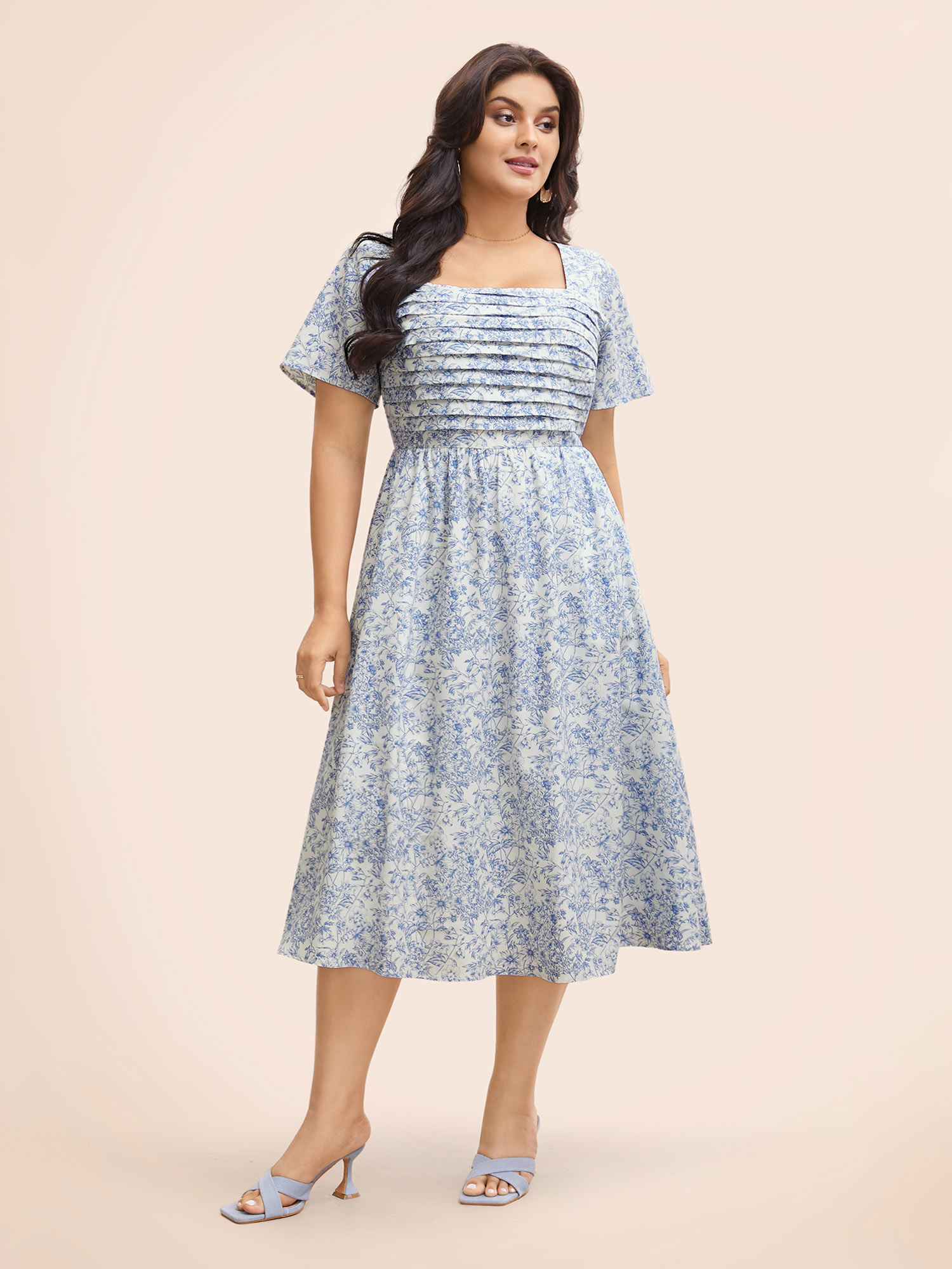 

Plus Size Square Neck Floral Tucked Seam Dress Skyblue Women Elegant Tucked seam Square Neck Short sleeve Curvy BloomChic