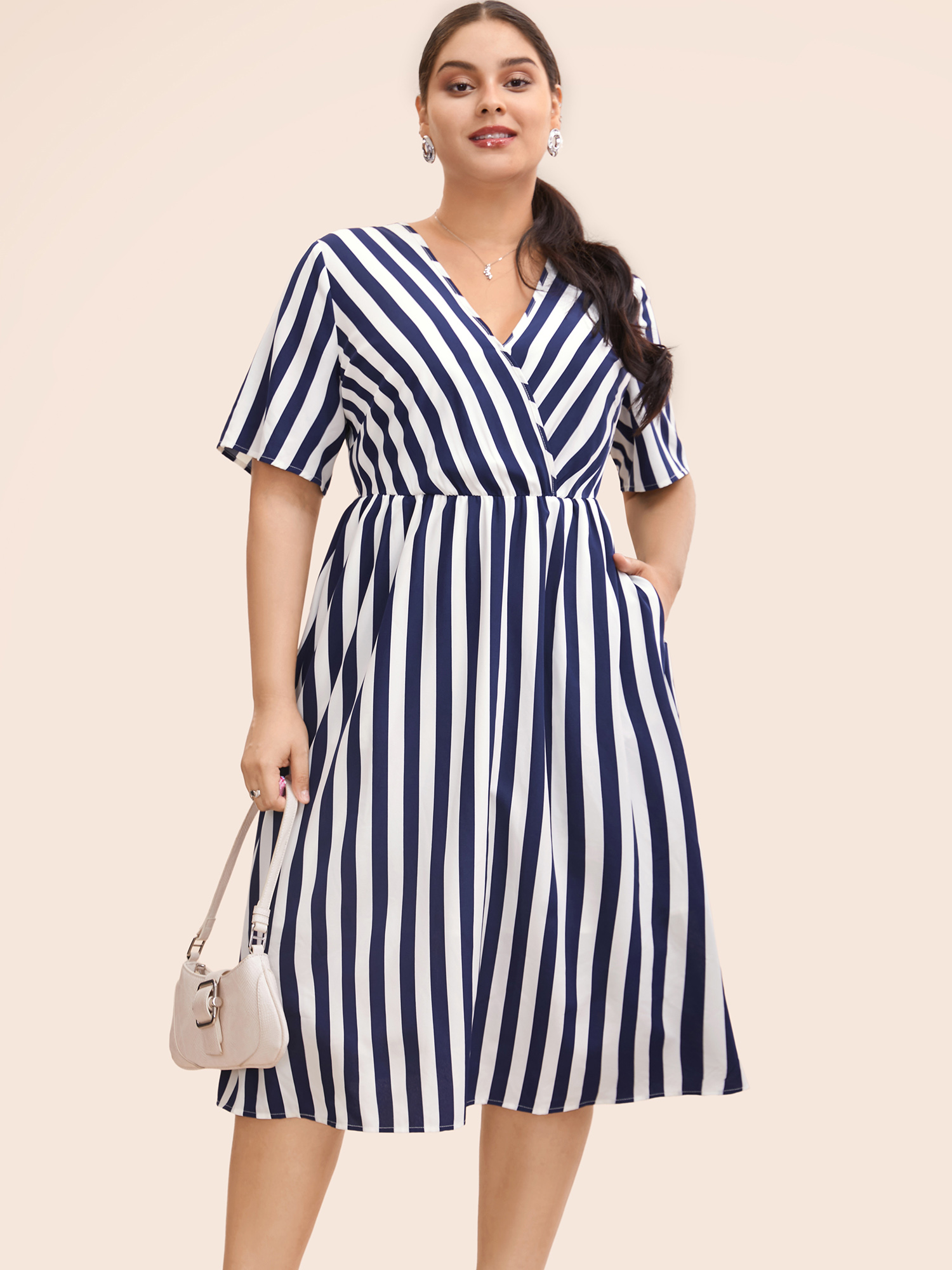 

Plus Size Striped Overlap Collar Ruffle Sleeve Midi Dress Indigo Women At the Office Non Overlap Collar Half Sleeve Curvy BloomChic