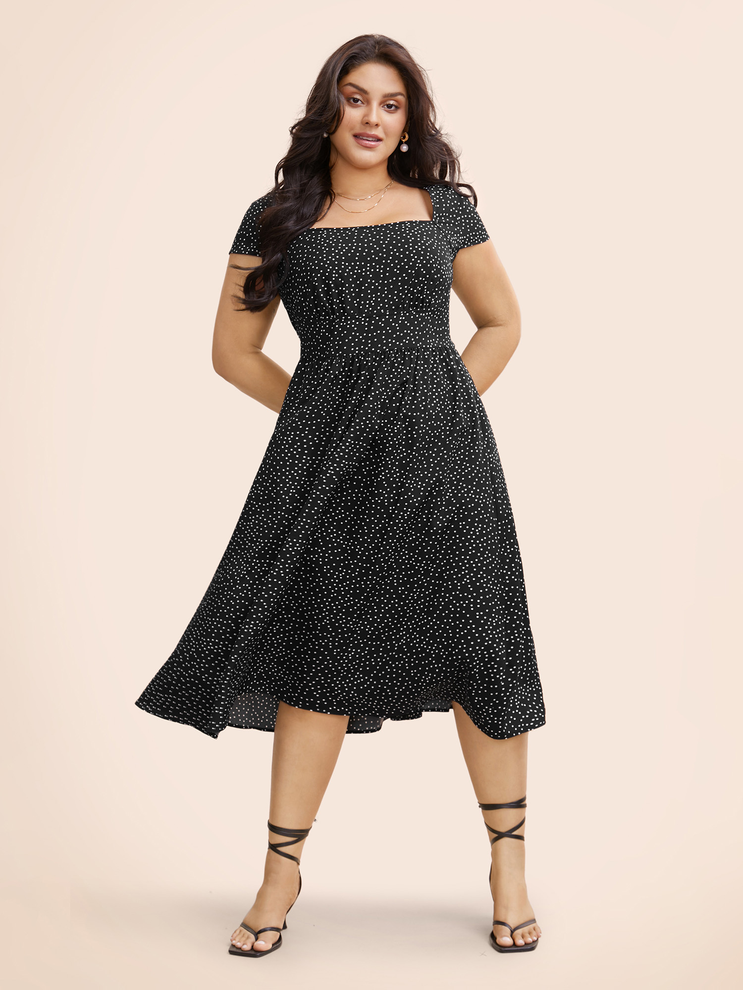 

Plus Size Square Neck Polka Dot Shirred Midi Dress Black Women Elegant Shirred Square Neck Cap Sleeve Curvy BloomChic