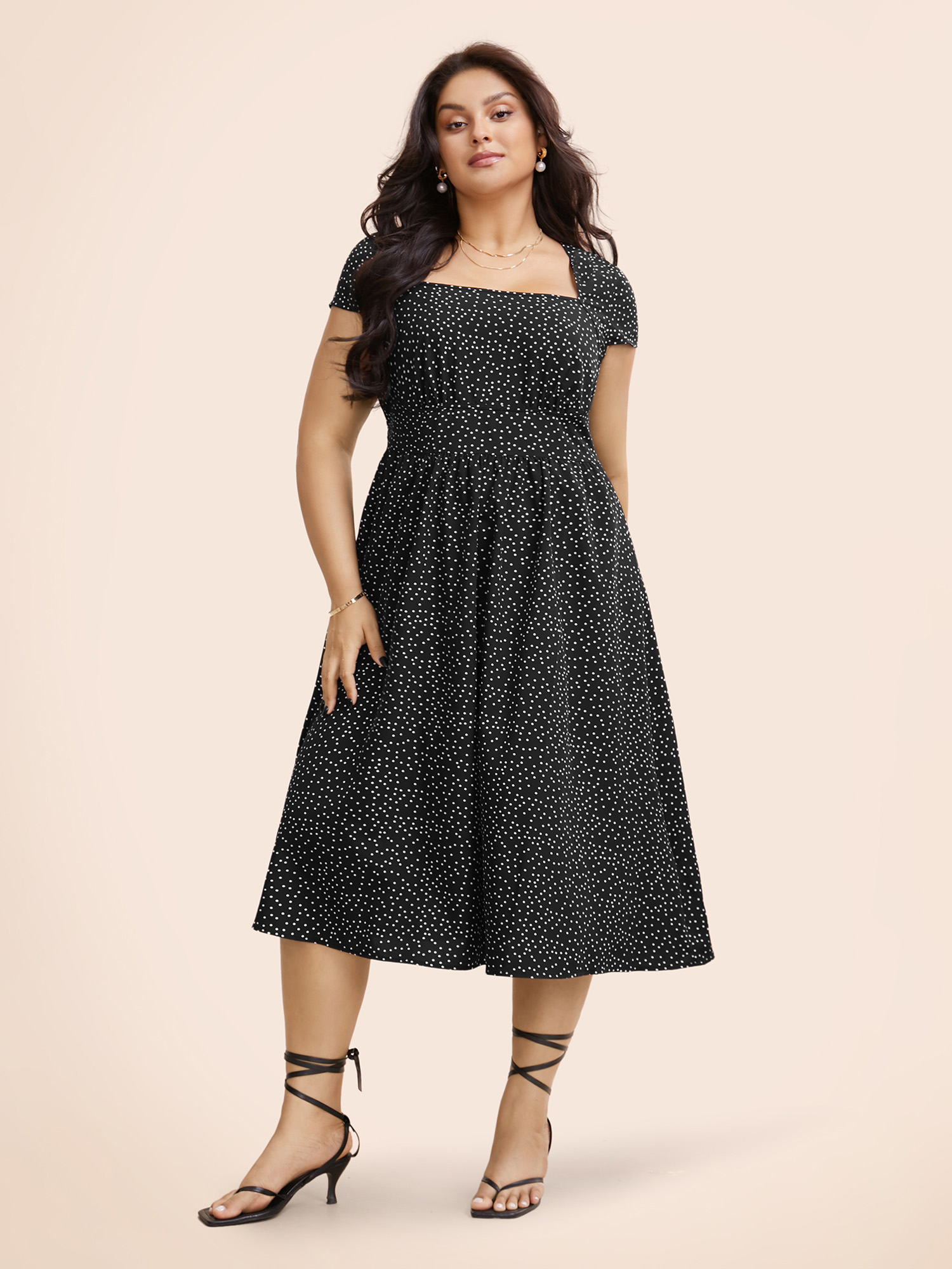 

Plus Size Square Neck Polka Dot Shirred Midi Dress Black Women Elegant Shirred Square Neck Cap Sleeve Curvy BloomChic