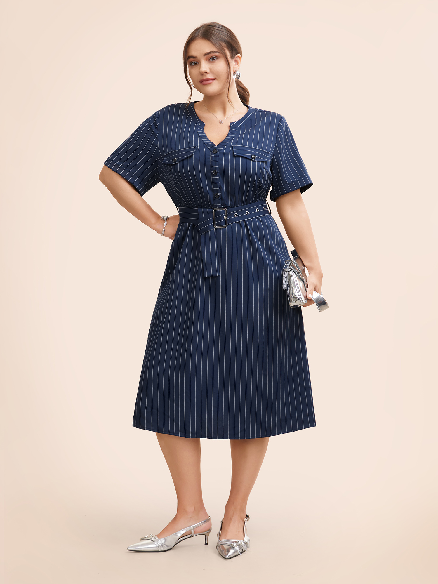 

Plus Size Striped Notched Button Detail Belted Dress Navy Women At the Office Belted Flat collar with V-notch Short sleeve Curvy BloomChic