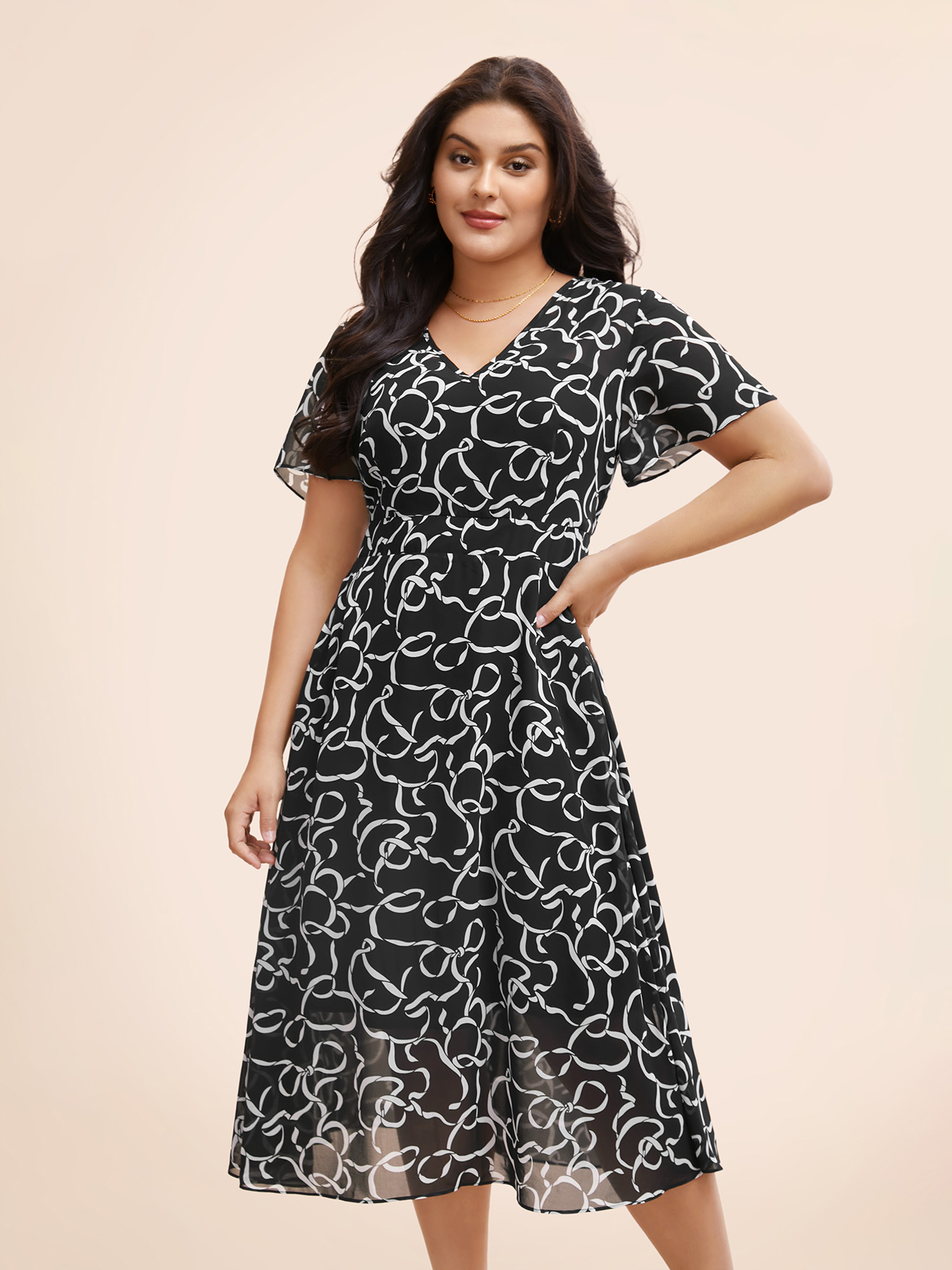 

Plus Size Chiffon Bowknot Print Ruffle Sleeve Midi Dress Black Women Elegant See through V-neck Short sleeve Curvy BloomChic