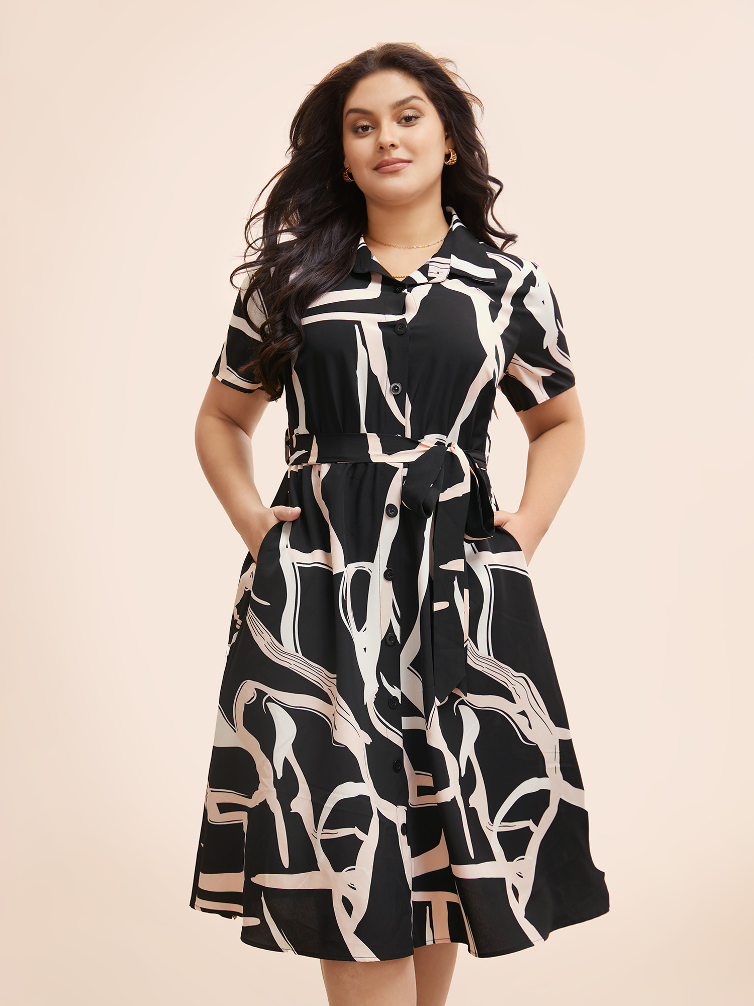 

Plus Size Geometric Shirt Collar Belted Midi Dress Black Women Elegant Belted Shirt collar Short sleeve Curvy BloomChic